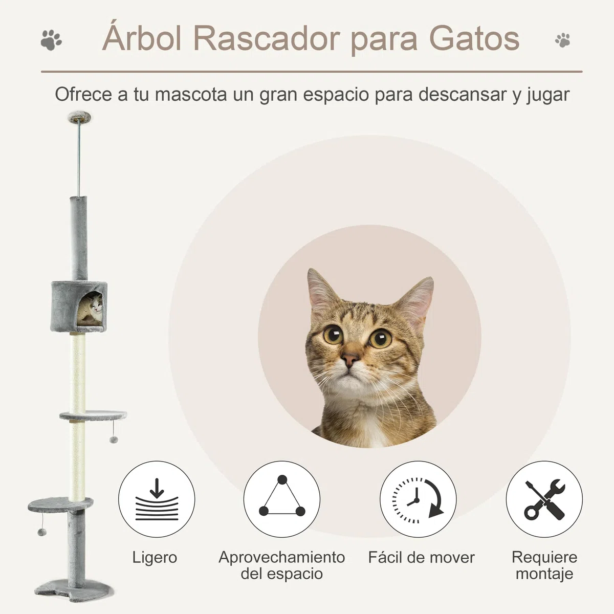 PawHut Árbol Rascador para Gatos para Techo con Cueva 255 cm Gris Claro