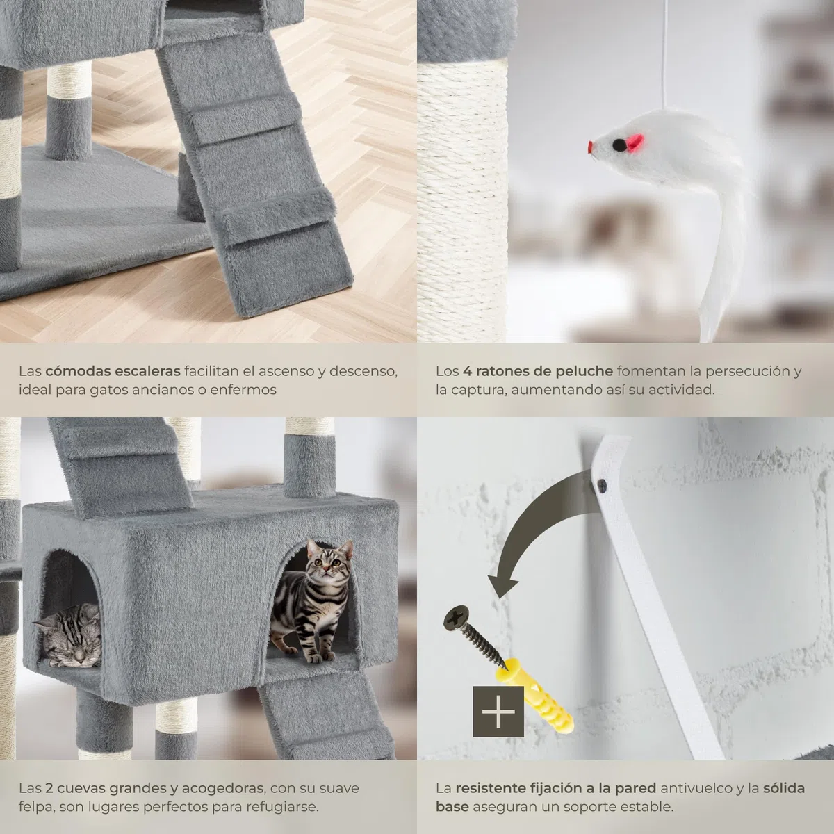 TecTake® Árbol para gatos Rascador para gatos de sisal H170 cm, Juegos para gatos Apartamento Accesorio Rascador Nido Cama Cesta Cama para gatos Juego de ratón Escalera
