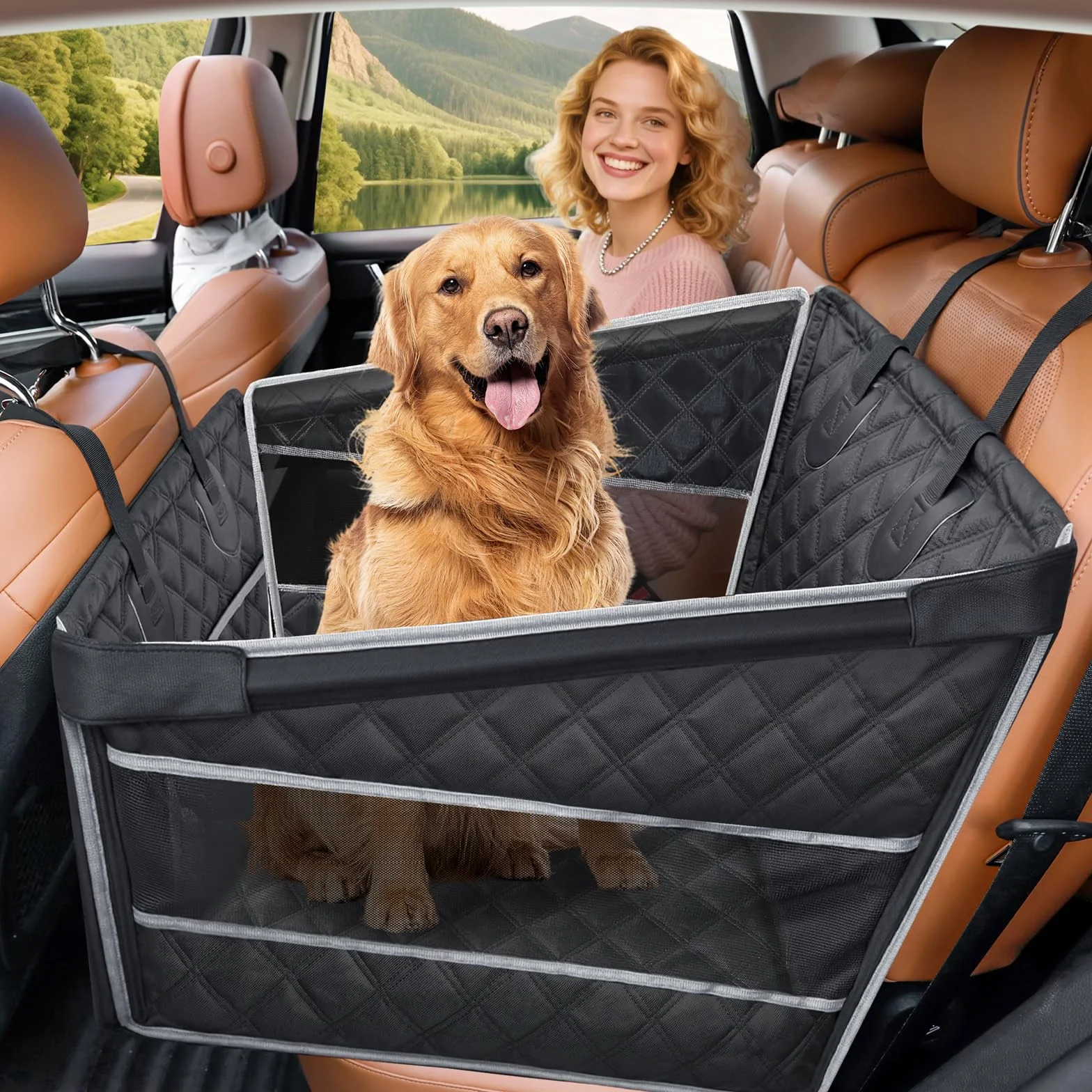 Gimars Mejora Asiento Perro Coche Extra Estable para Perros Medianos Pequeños, Impermeable Ensanchado Transportin Perro Coche, Reforzado Cama con Ventanas De Red Cinturón De Seguridad, M