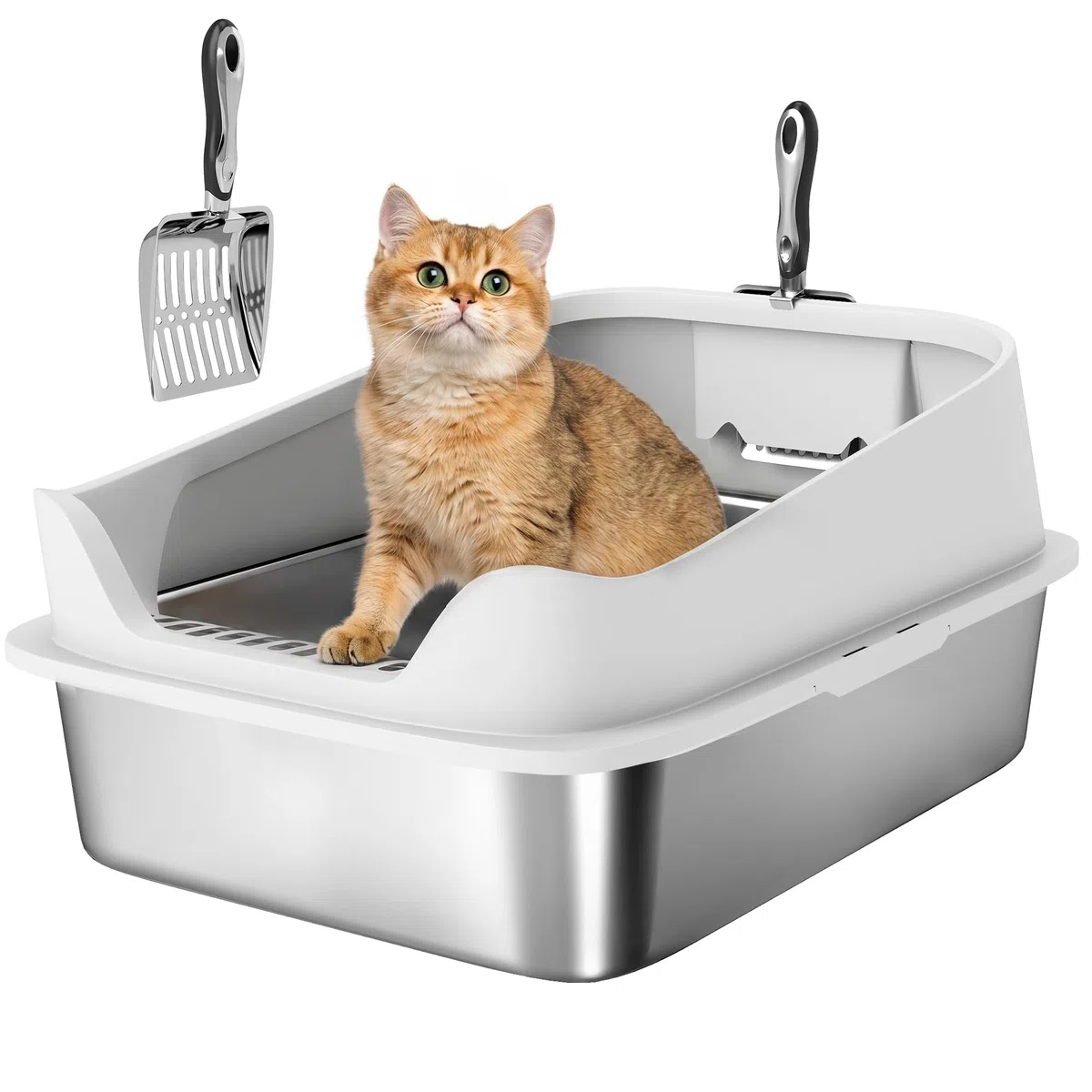 PawHut Arenero para Gatos de Acero Inoxidable XL, 60,2x40,2x29,7 cm, Gris | Caja de Arena para Gatos, Arenero con Borde Alto, Pala Metálica, Fácil de Limpiar, Prueba de Fugas