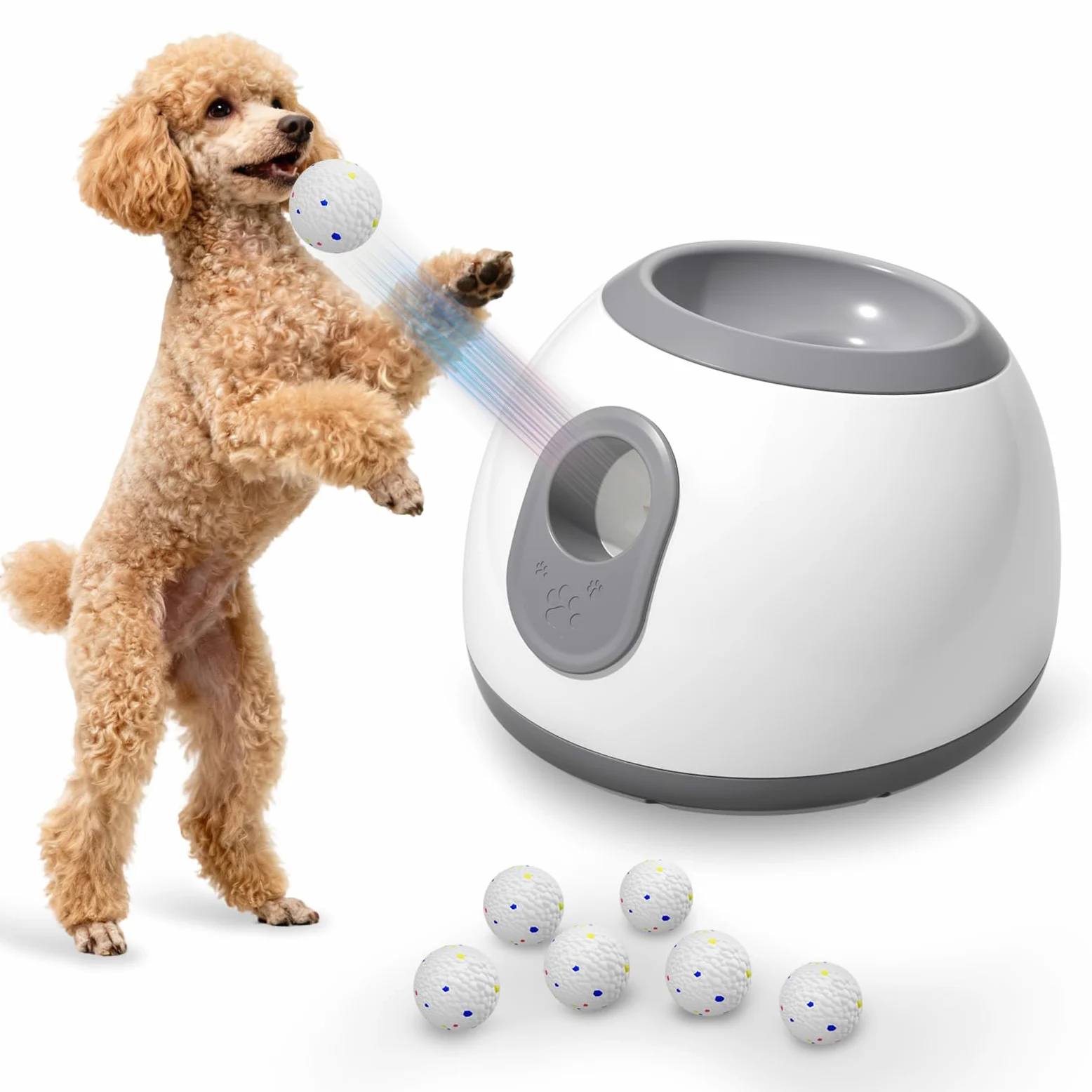 Lanzador de Pelotas para Perros，Lanza Pelotas Perro con 6 Pelotas de Tenis de 2''，Pelota interactiva Perro Distancia Ajustable 10/20/30ft para Interior y Exterior