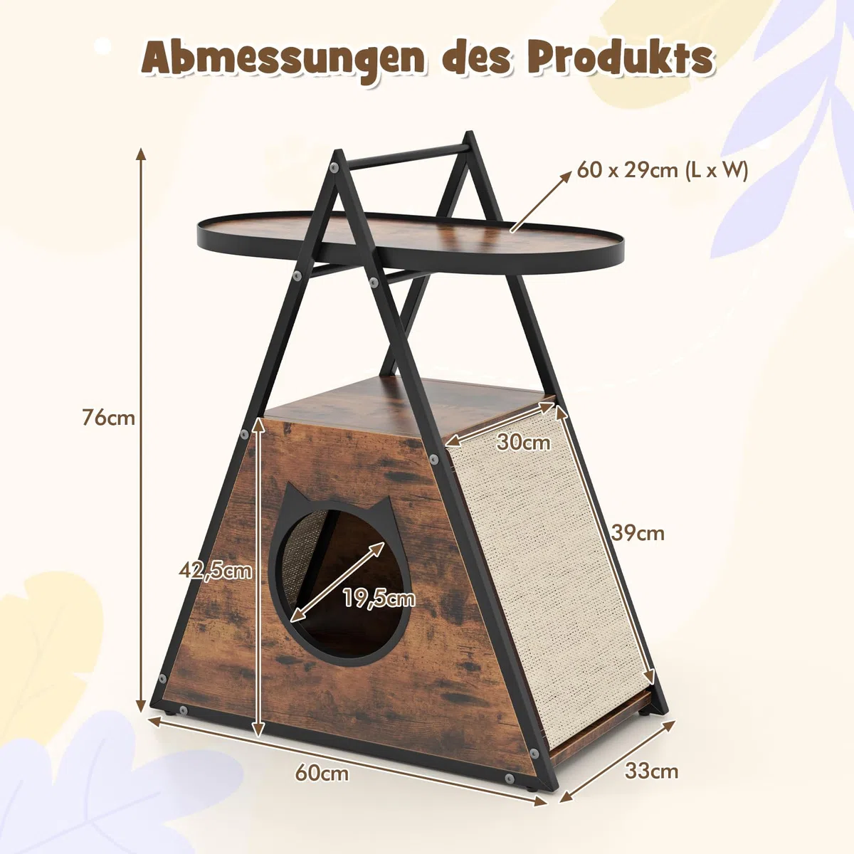 GYMAX Mesa Lateral para Gatos, Casa Oculta para Gatos 2 en 1 con Mesa de Noche, Cueva de Gato Triangular con Estante Abierto, Alfombrillas de Rascar de Sisal, Mueble para Gatos para Dormitorio y Salón