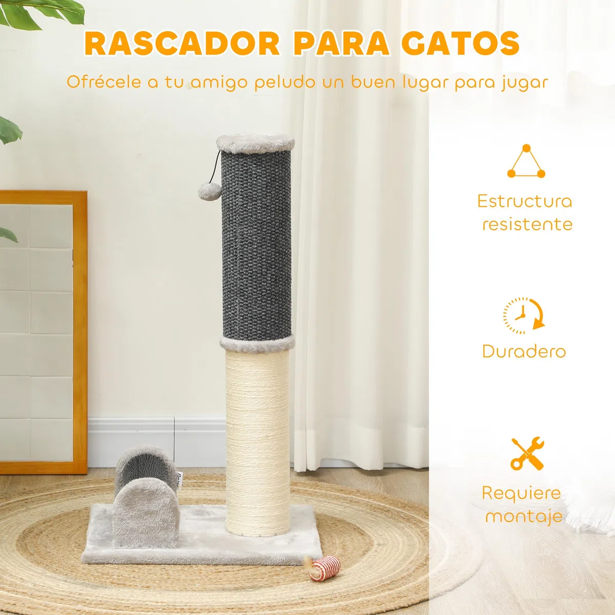 PawHut Poste Rascador para Gatos 85 cm con Poste de Sisal Gris y Crema