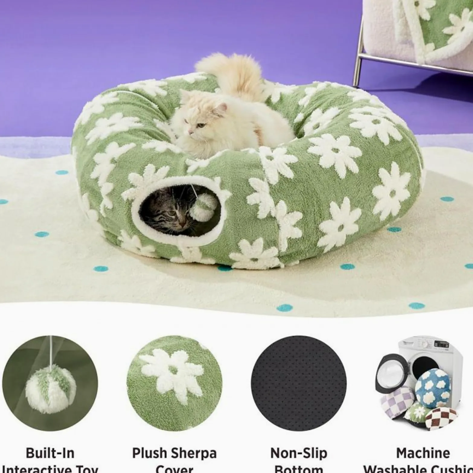 Cama Tunel para Gatos, Túnel De Falda De Árbol De Navidad para Gatos, Cama De Felpa Lavable con Bola, Tubos Y Túneles Interactivos para Cat con Diseño De Flores, para Gatear, Rascarse, Dentición