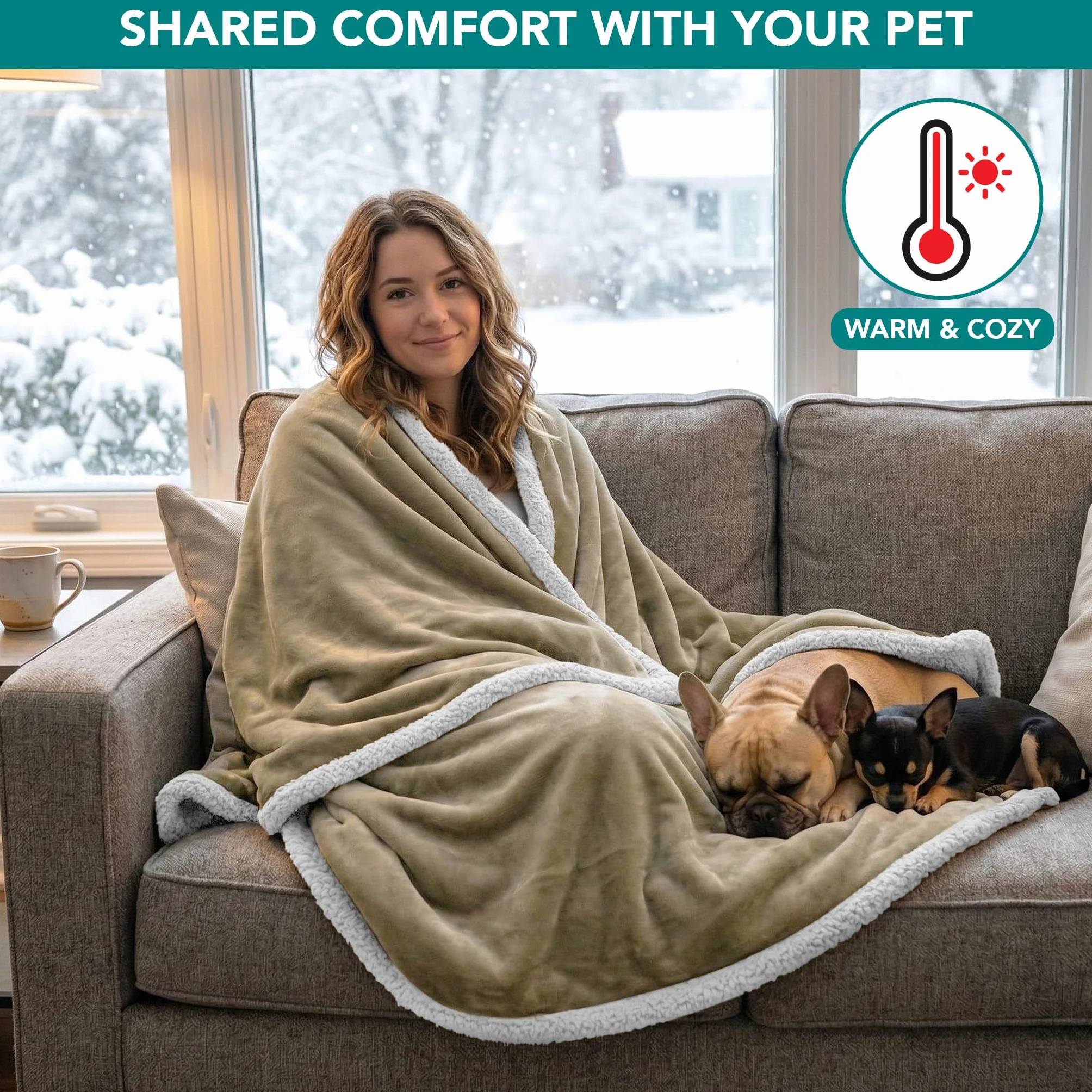PetAmi - Manta Impermeable para Cama tamaño Queen, Perros Grandes y extragrandes, para sofá, protección a Prueba de Fugas, Forro Polar Sherpa, Reversible, Suave, Lavable, 229 x 229 cm, Color Beis