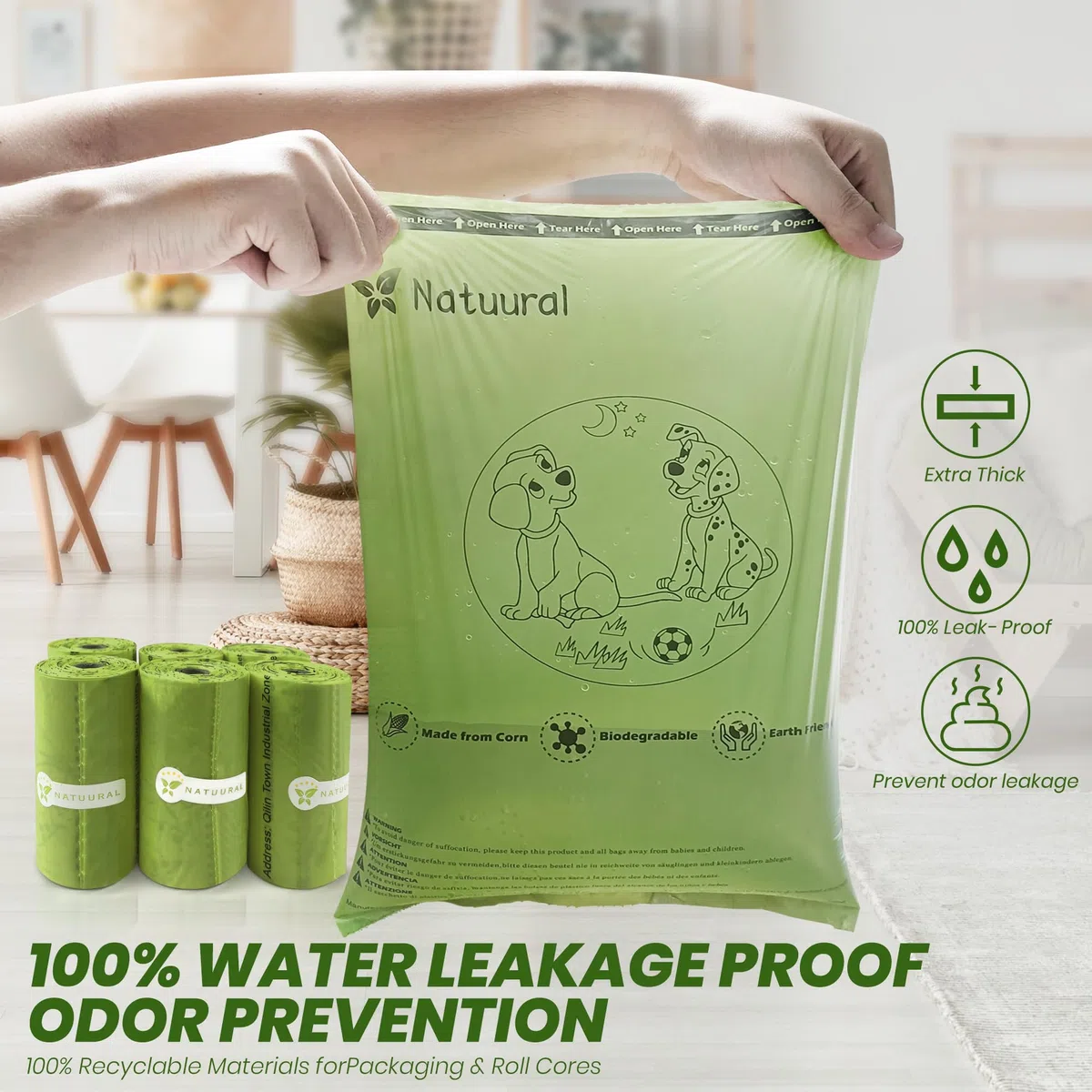 Bolsas biodegradables para excrementos, 1050 unidades, 70 rollos con dispensadores gratuitos, bolsas para excrementos de perros hechas de almidón de maíz, fuertes y 100% a prueba de fugas (verde)