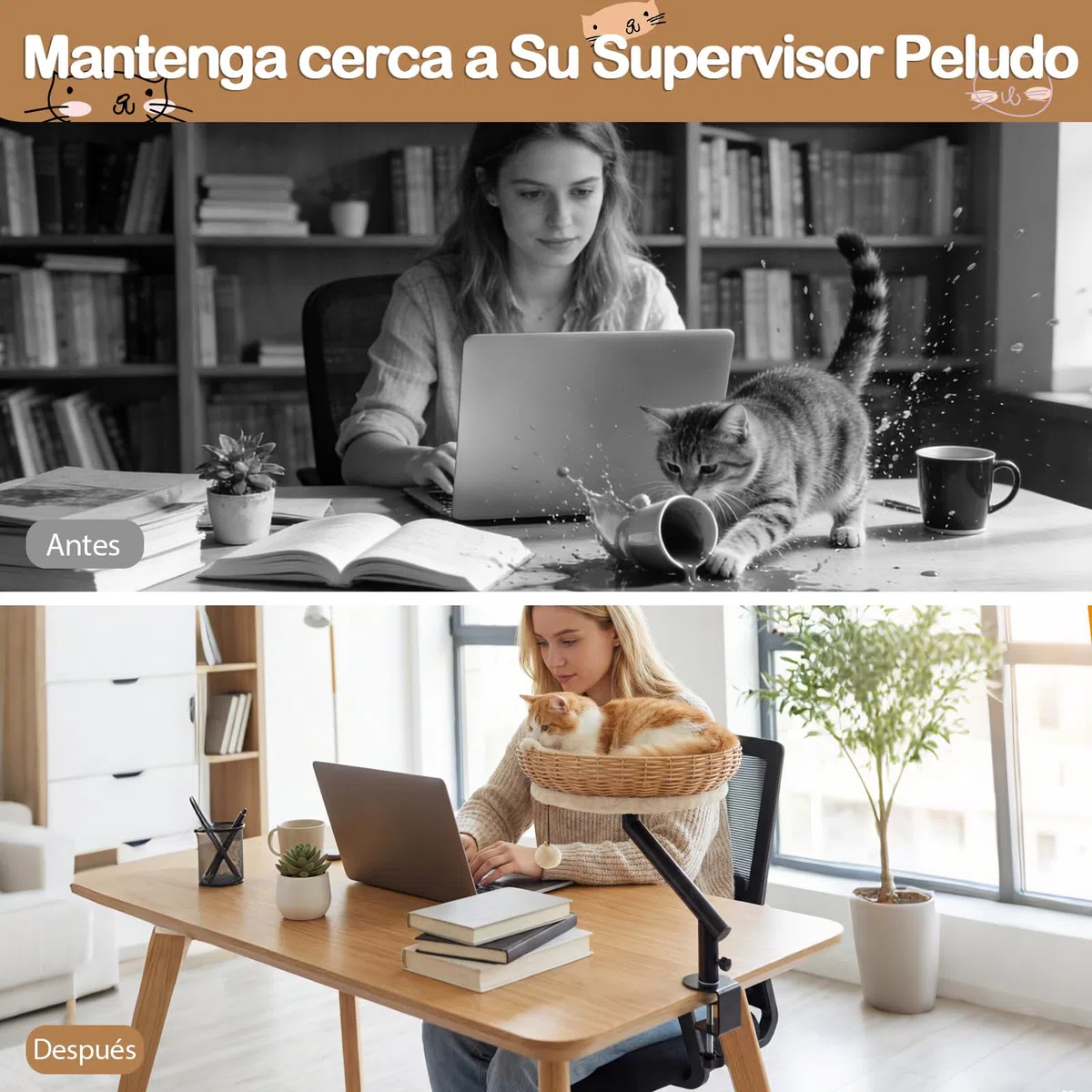 COSTWAY Cama Gato para Escritorio, Hamaca para Gatos Giratoria de 360° de Ratán con Cojín Extraíble y Bola Colgante, Cama para Gatos, Nido Suave para Mascotas para Oficina, Hogar, sin Taladrar