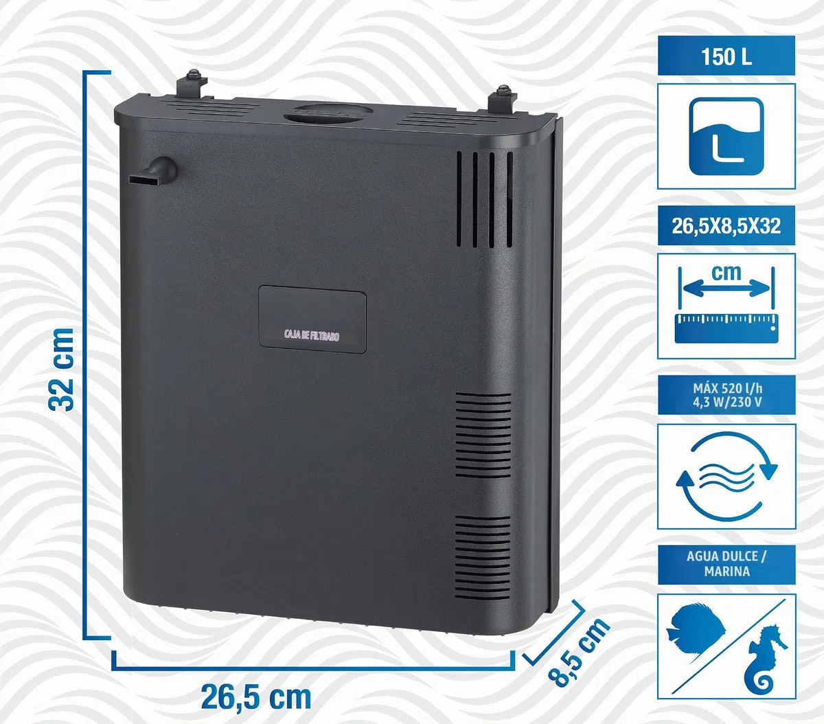 Amtra Filtering Box Black 150 Filtro Interno Biológico Para Acuarios Con Bomba De 520 L/H Y Material Filtrante Profesional