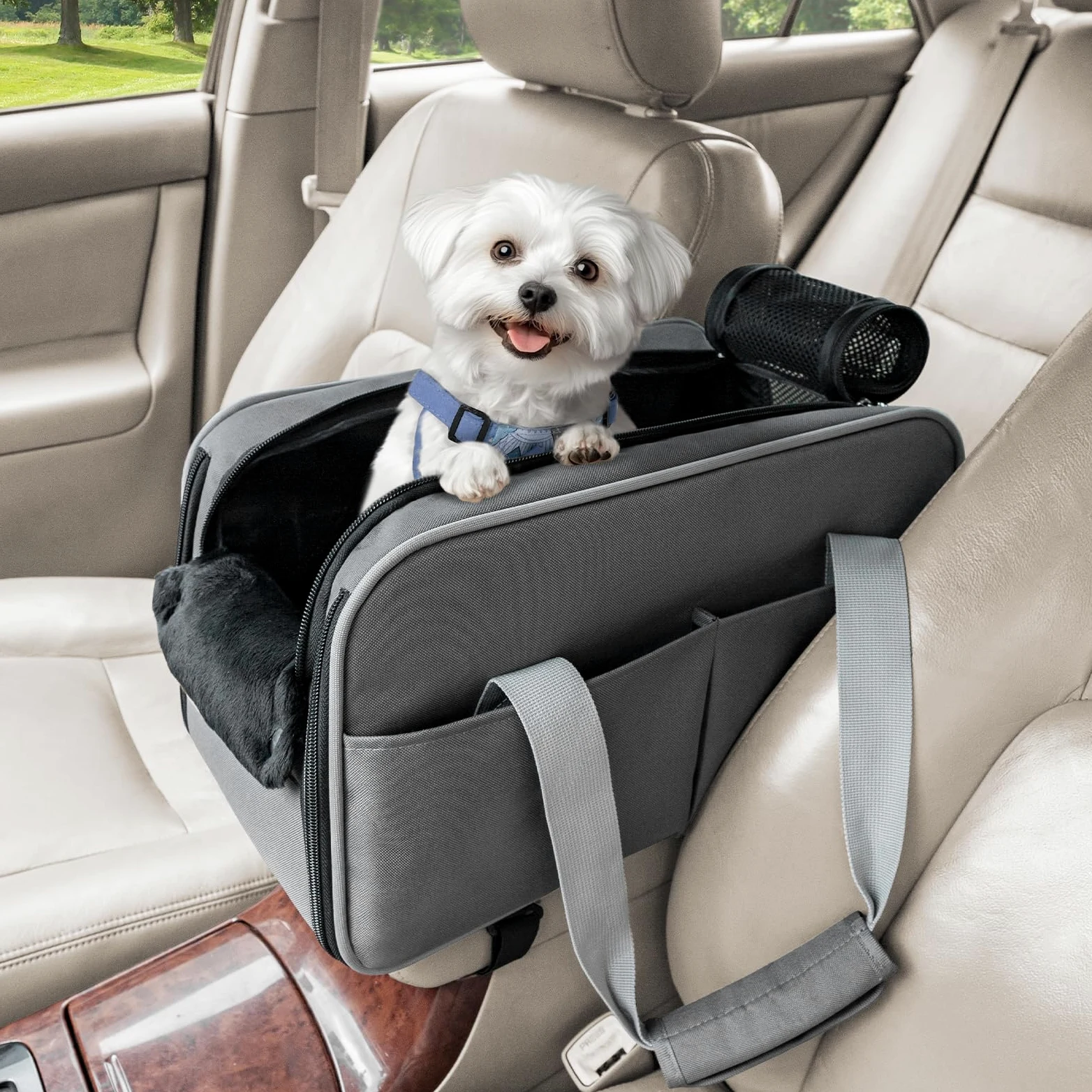 PETSFIT Asiento Coche Perro Pequeño - Multifuncional con Banda de Seguridad, Transportín Perro Coche y Bolsillos