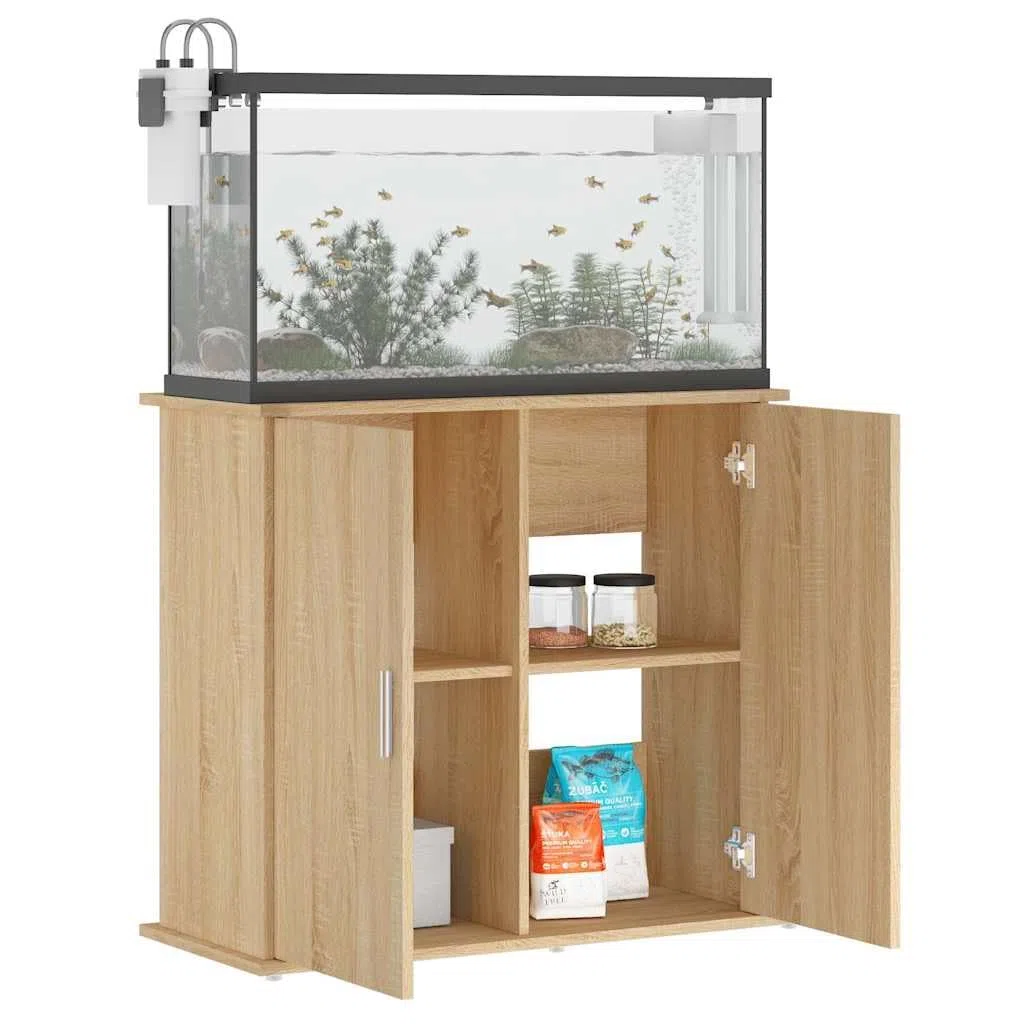 Soporte para acuario, roble Sonoma, madera de 81 x 36 x 73 cm, con espacio de almacenamiento, armario inferior estable para agua dulce y agua de mar, estantería con puertas para accesorios y