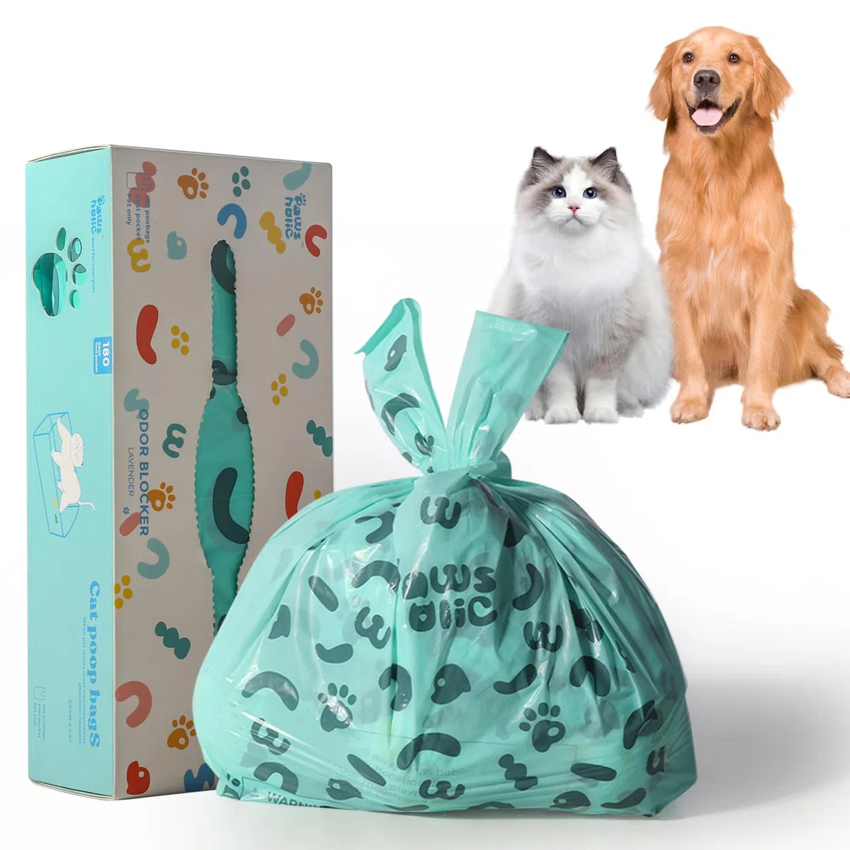 Bolsas para excrementos de gato, bolsas de arena para gatos con asa, almidón de maíz azul a prueba de fugas, ecológicas, bolsa de recogida de excrementos (180 unidades/caja, sin perfume)
