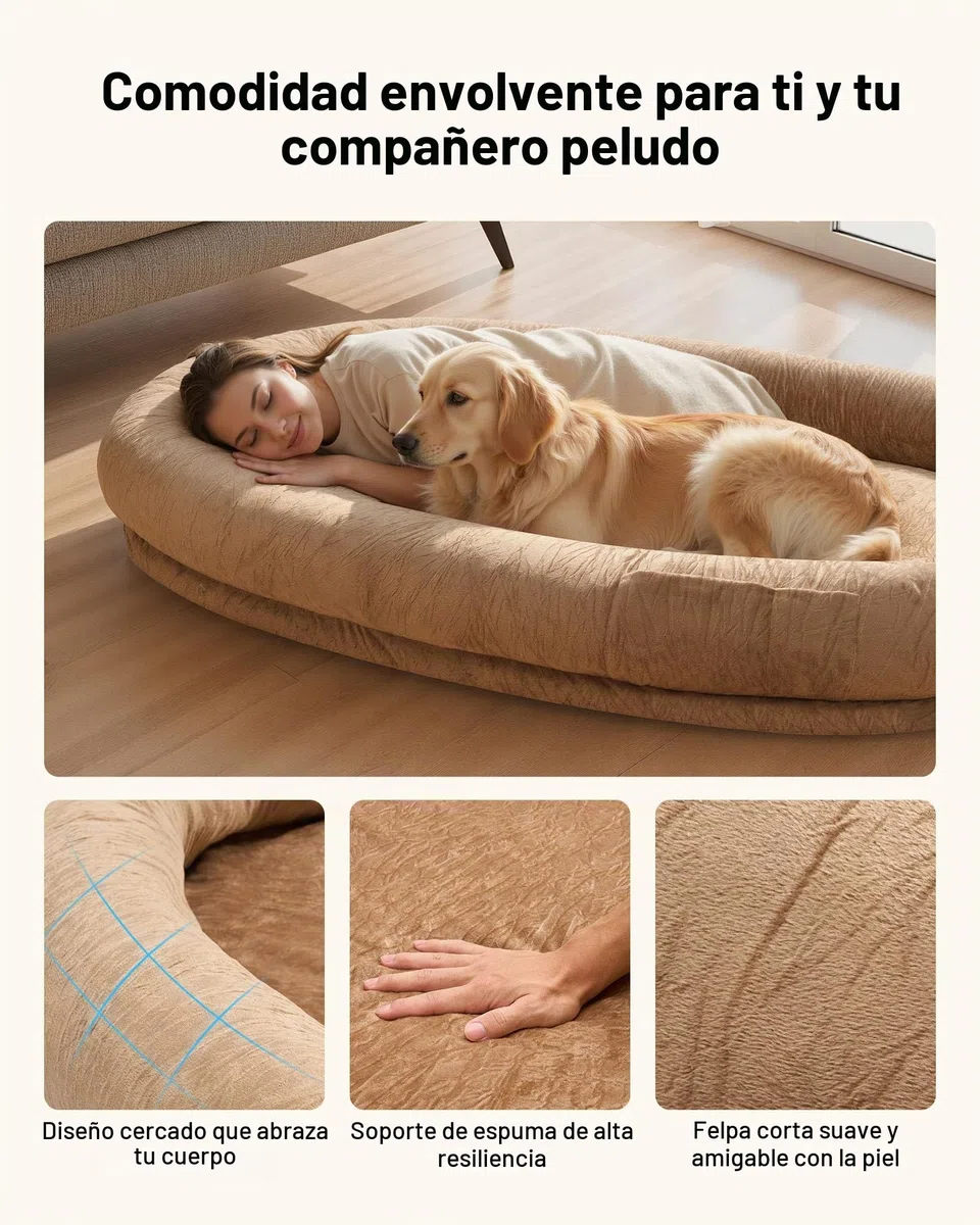 VEVOR Cama para Perros de Diseño Ovalado, Tamaño Humano, 177 x 123 x 24 cm, Ortopédica, de Espuma Viscoelástica, con Bolsillo Lateral, Asa y Cremallera, Funda Extraíble y Lavable a Máquina, Marrón