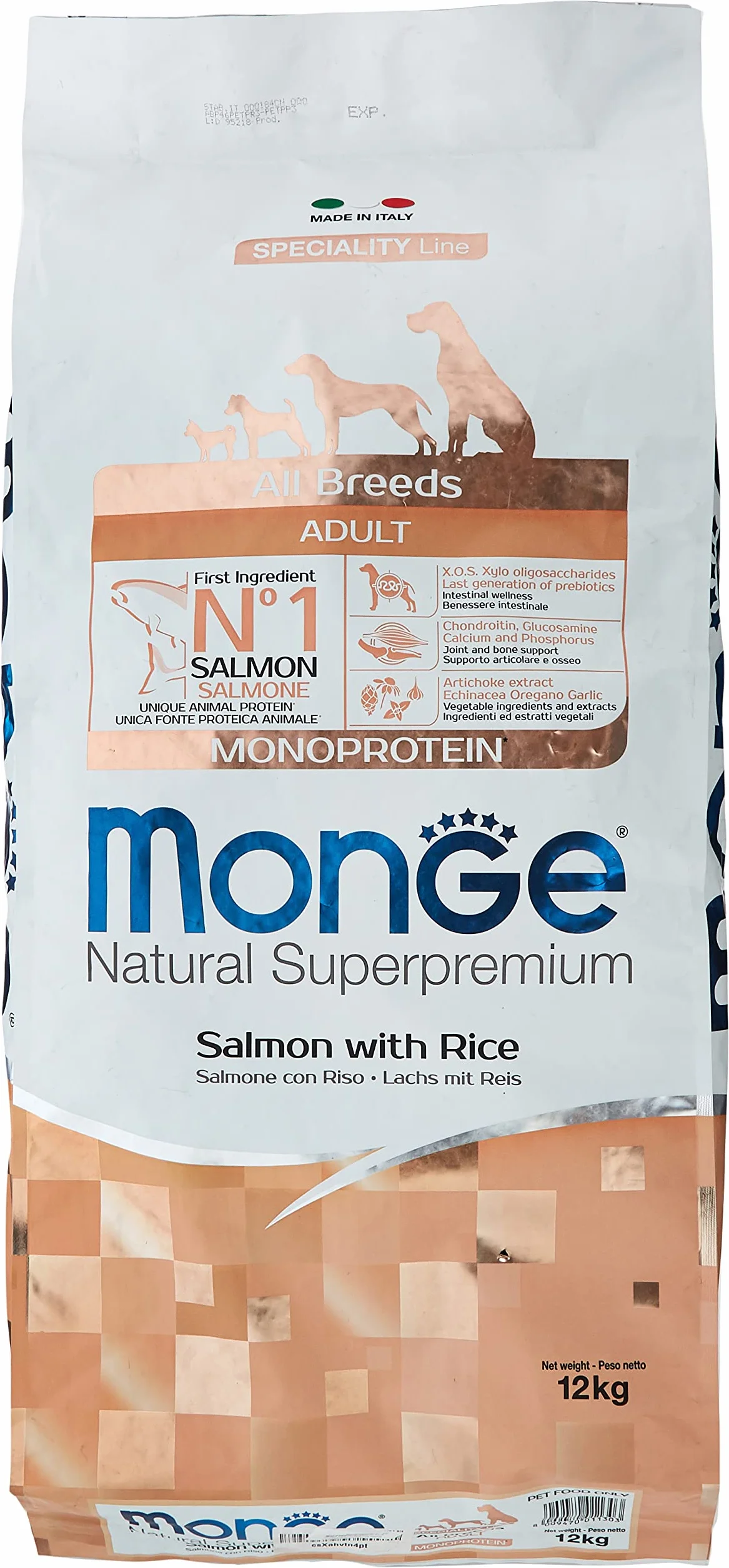 Monge Natural Superpremium Adult Salmon and Rice, Comida para Perros para Todas Las Razas (Alimentos Secos para Perros con Salmón y Arroz, Muy Rico en Fibra y Vitaminas, 12 kg)