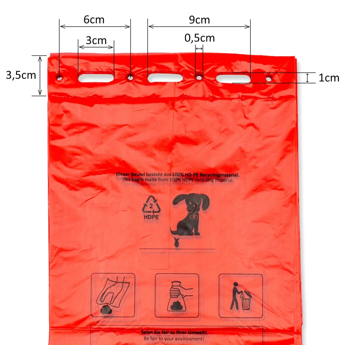 6000 bolsas para excrementos de perro (60 bloques de 100 bolsas) para colgar, color rojo, 21 x 31,5 cm + borde de 3,5 cm