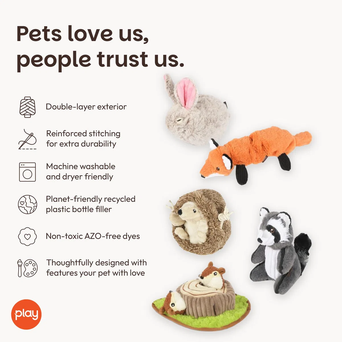 P.L.A.Y. Lindos juguetes de peluche para perros, juguetes masticables duraderos con temática de animales del bosque, ideales para cachorros y perros pequeños, medianos y grandes, lavables a máquina,
