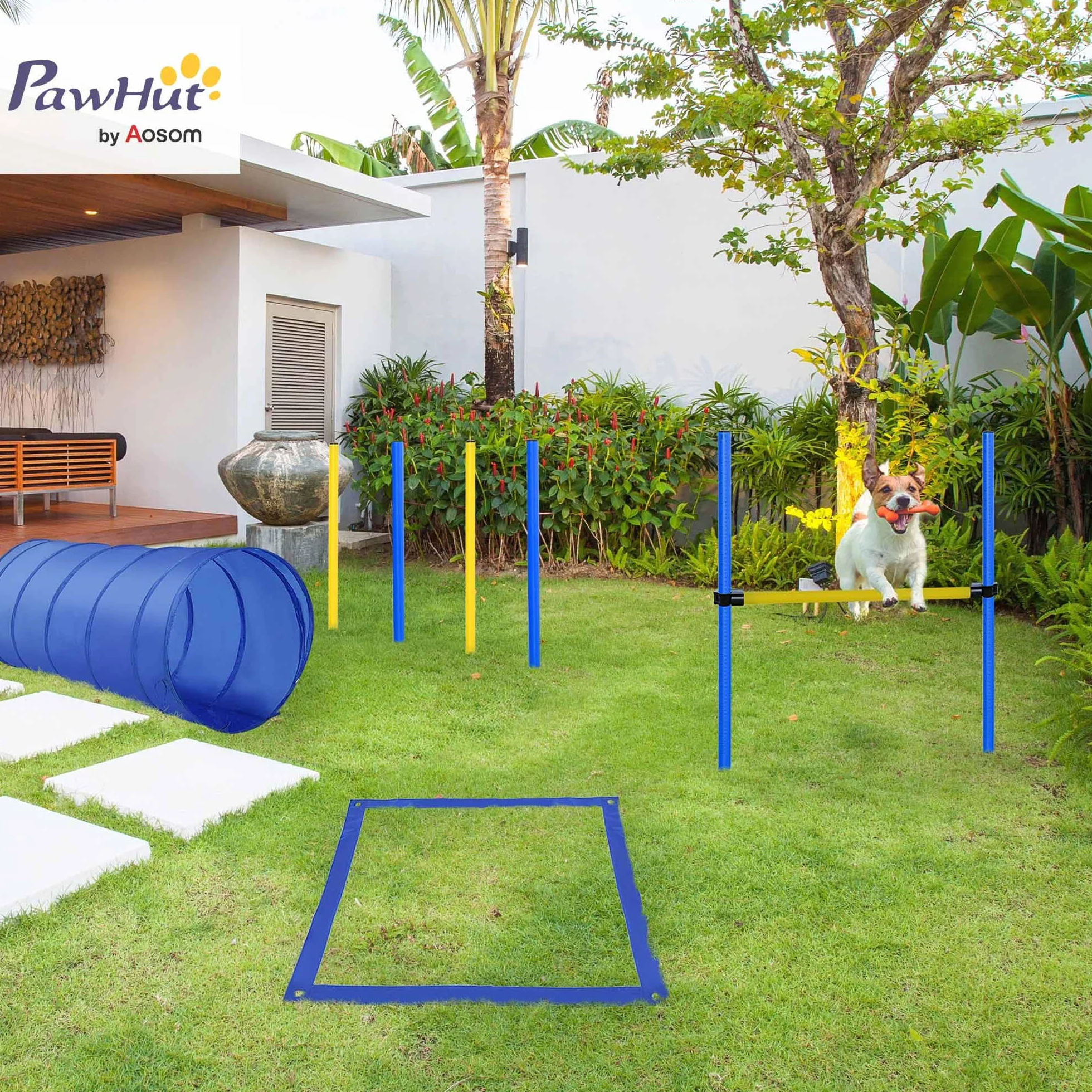 PawHut Set de Entrenamiento de Agilidad para Perros Obstáculos de Salto con Altura Ajustable Túnel para Perros y Bolsa de Transporte Azul y Amarillo