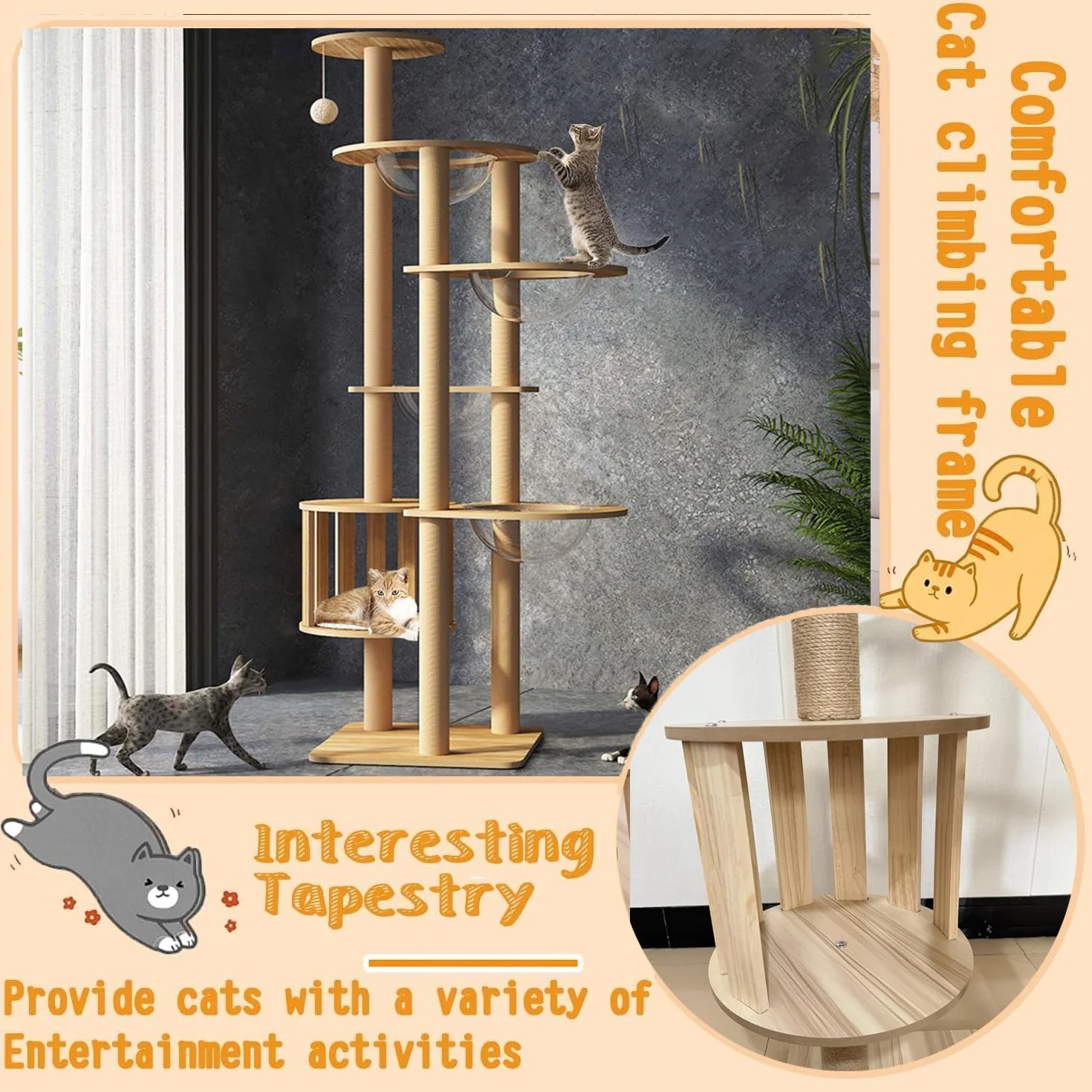 Mdpetpops Árbol rascador para Gatos de 183 cm, Grande, con 4 cápsulas, Yute, Columna rascadora, Escalera, Cueva, Juguete para Gatos, Color Madera YN-105