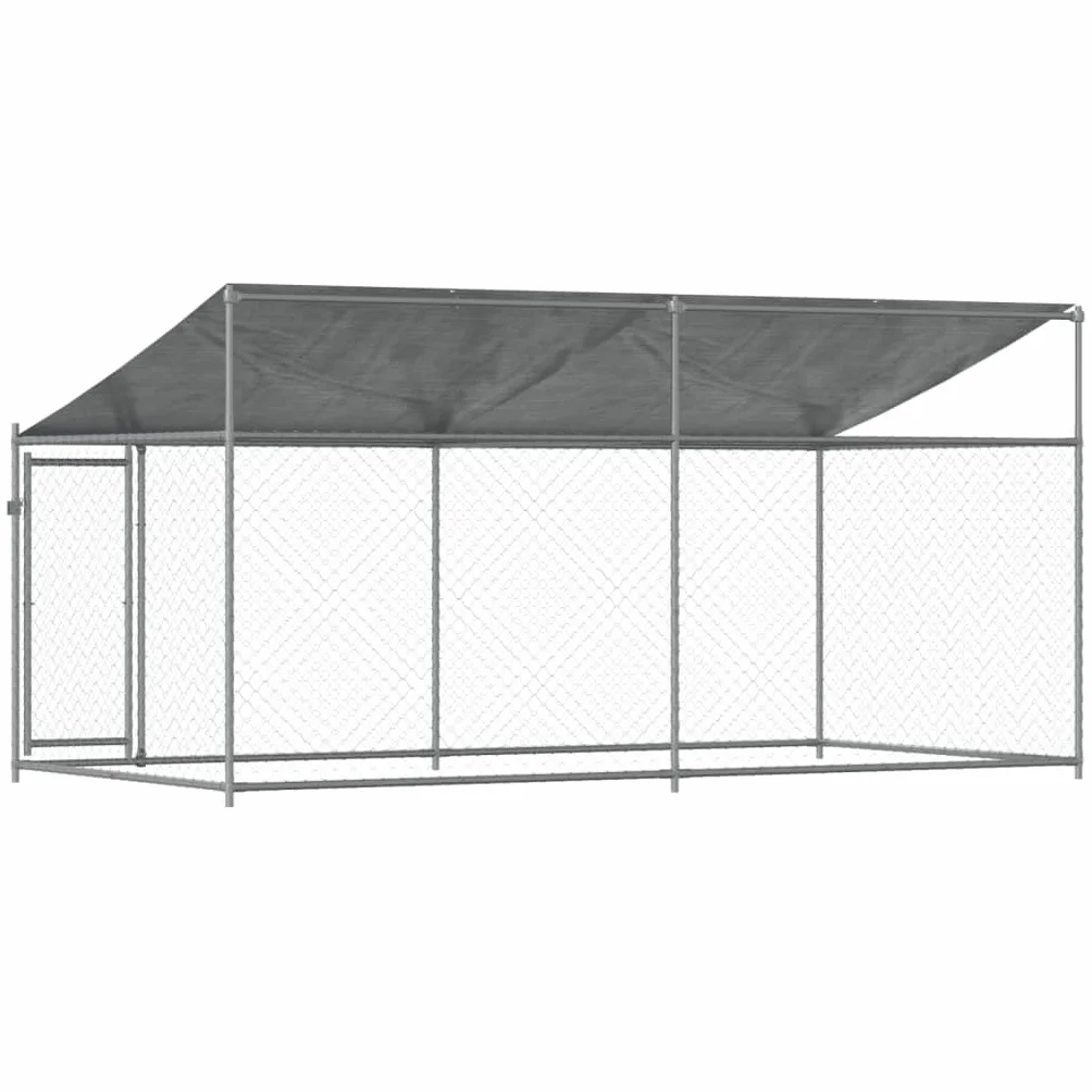 Gecheer Jaula de Perros Techo y Puerta Acero galvanizado Gris 4x2x2 m,Cercado para Perros Perrera Gallinas,Caseta para Perros Mascotas Animales Perro Grande Exterior