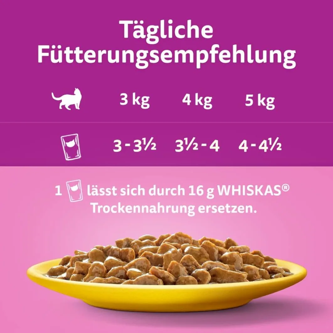 Whiskas 7+ Comida para Gatos de Aves de Corral en Salsa, 12 x 85 g (4 Paquetes) – Comida húmeda Partir de los 7 años de Edad en 48 Bolsas de porciones