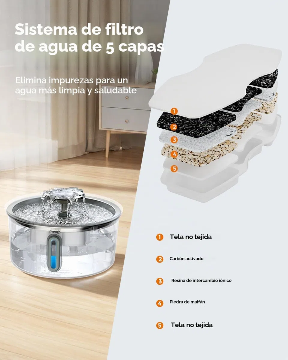 Invengo Fuente para Gatos Acero Inoxidable, 3.2L con Boquilla de Flor, Filtración de 5 Etapas, Ventana de Nivel y Fácil Limpieza - Ideal para Gatos y Perros Pequeños, Incluye 4 Filtros de Repuesto