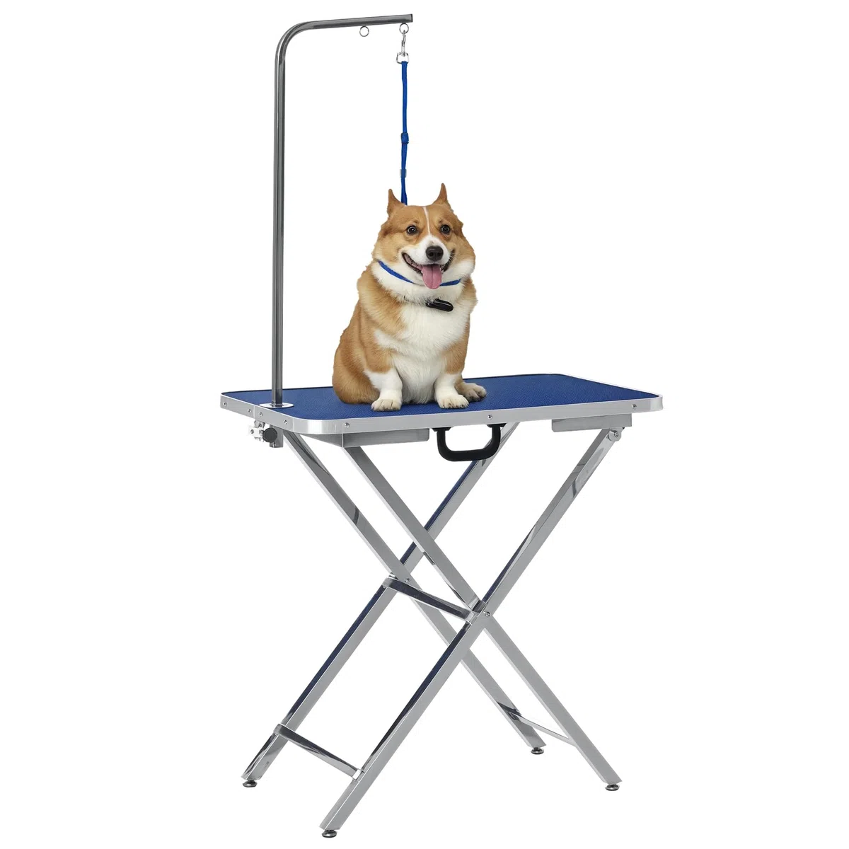PawHut Mesa de Peluquería para Mascotas Mesa de Aseo 72x45x74-81 cm Azul | Altura Regulable, Encimera Antideslizante, Patas Plegables de Acero Inoxidable, Asa y Brazo con Altura Ajustable