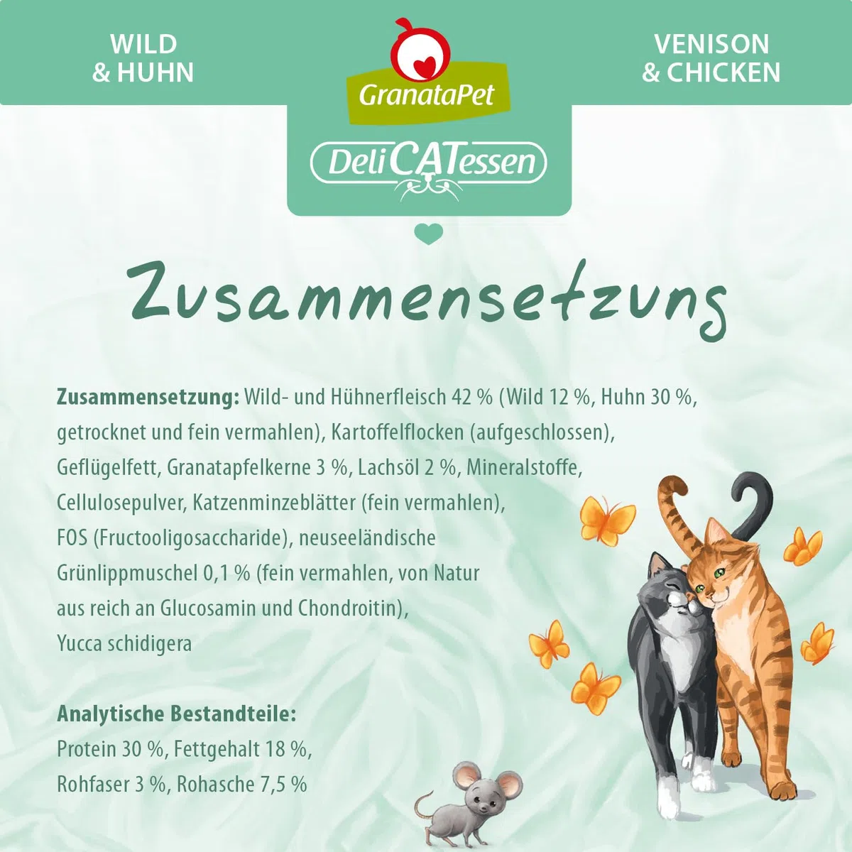 GranataPet Delicatessen Wild & Huhn Adult, alimento seco para Gatos, Sabroso alimento para Gatos, alimento Completo sin Cereales y sin azúcares, 9 kg | Pienso completo, sin cereales, sin azúcar, taurina, aceite de salmón y mejillón de labios verdes, fabri