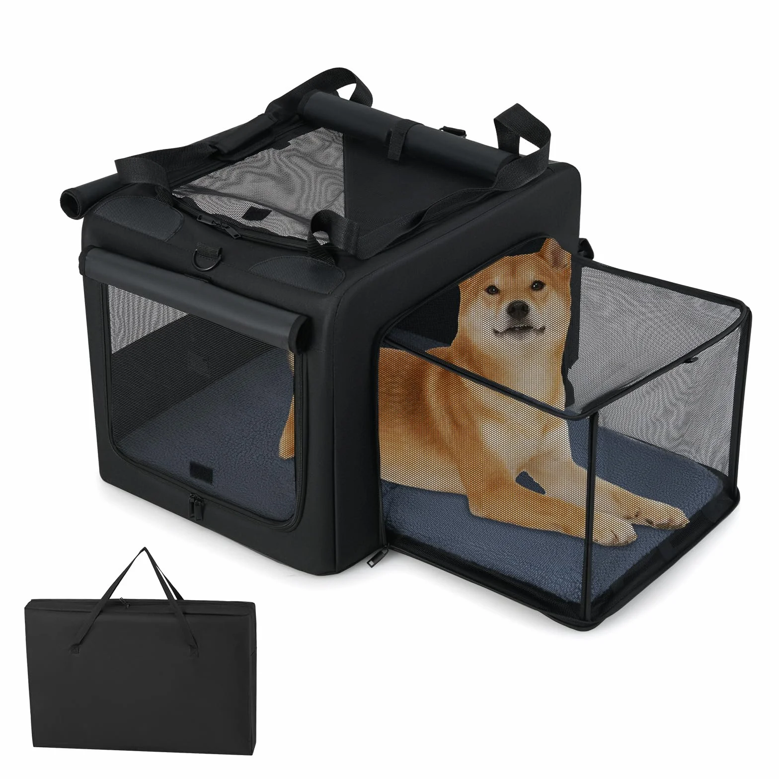 COSTWAY Transportín para Perros, Bolsa Transportin Portátil y Plegable para Mascotas con 2 Aberturas y Ventana, Cesta Interior de Malla, Bolsillos Laterales para Interior Exterior (80 x 65 x 42 cm)