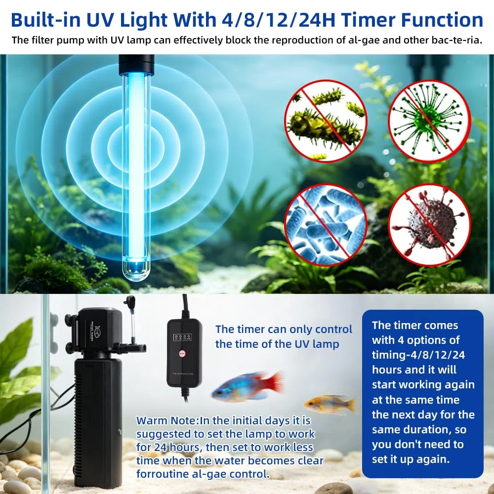 Filtro de acuario 4 en 1, filtro de luz U-V con temporizador, bomba interna de acuario con modo de bombeo de agua de lluvia de oxigenación para tanques de agua dulce y salada (12 W 1000 L/H)