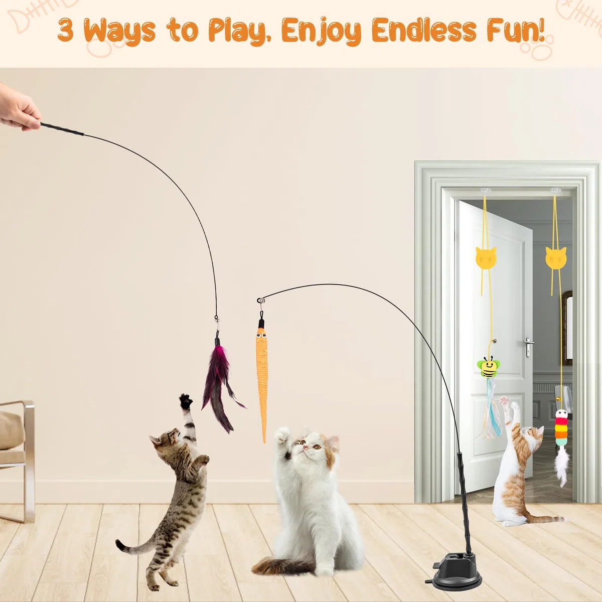 Depets Juguete de varita para gatos, 15 piezas de juguetes interactivos de plumas para gatos, juguete para gatos de interior, 2 modos de juego, varita de juguete para gatos, juguetes reutilizables con