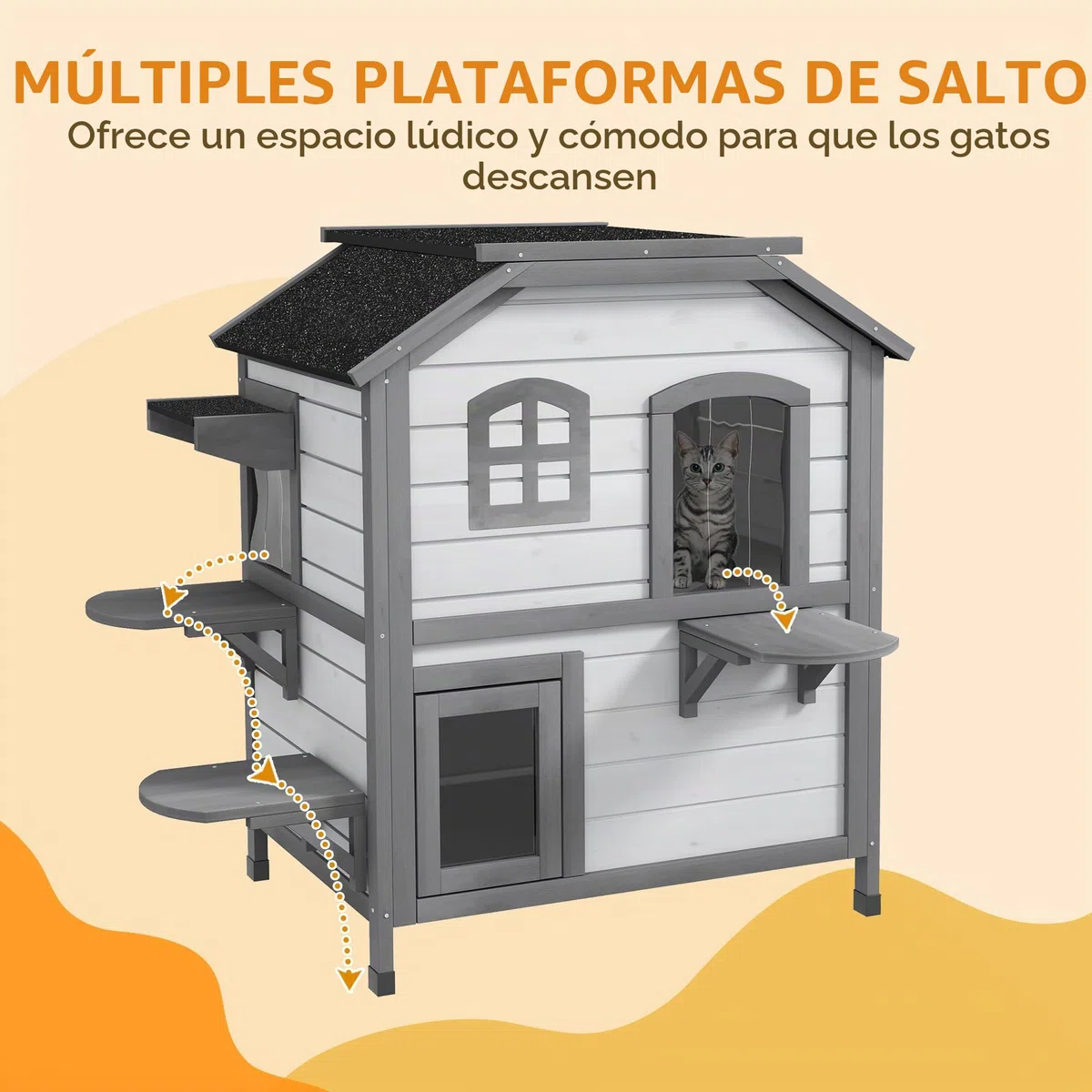 PawHut Casa para gatos de madera de 2 niveles, resistente al invierno, impermeable, con techo de asfalto, tapa plegable, escalera, cueva para gatos, exterior, jardín, balcón, 78 x 55,5 x 91 cm, color | Impermeable, caseta para gatos con techo de asfalto,