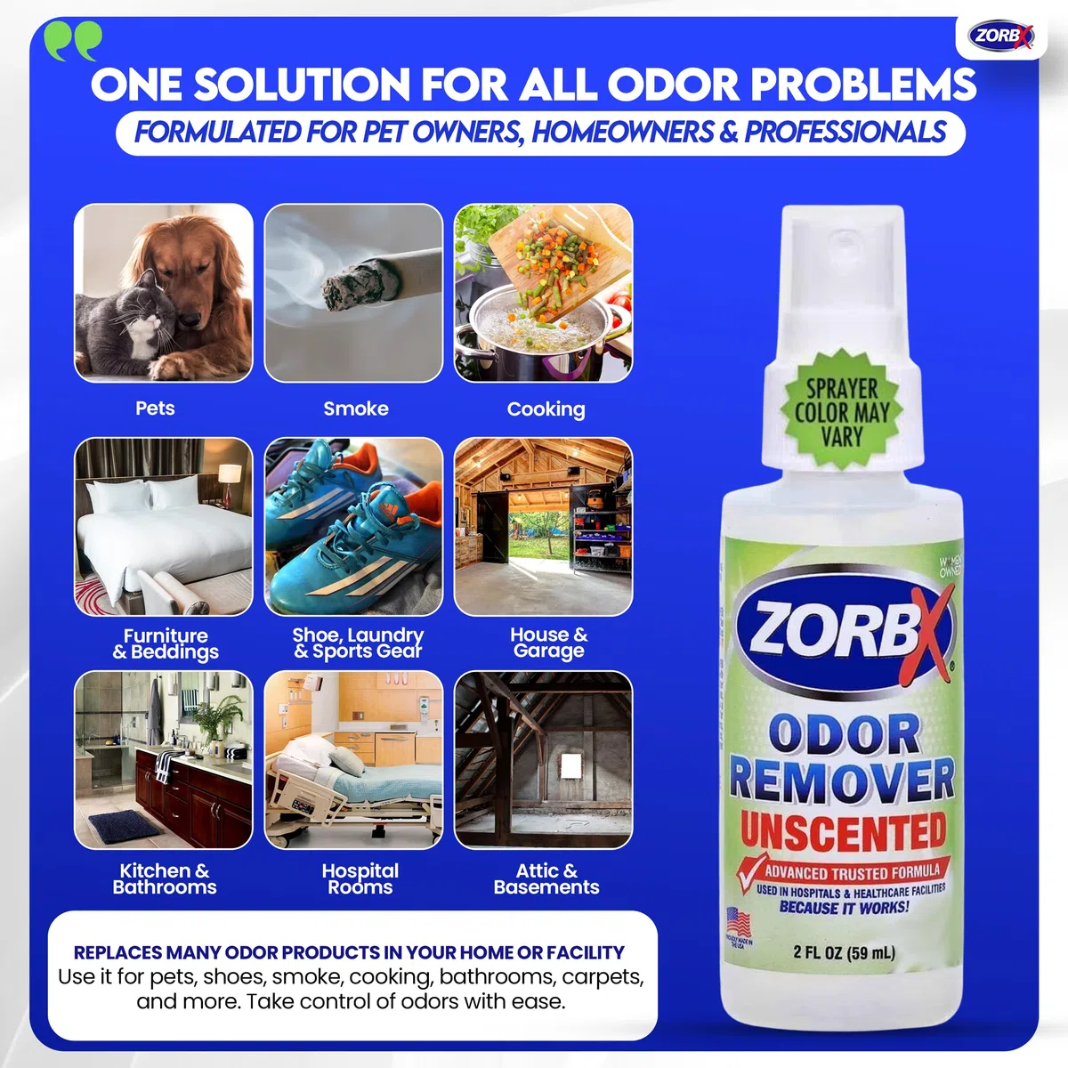 ZORBX Eliminador de olores sin perfume para olores fuertes, 2 onzas, paquete de 24, utilizado en hospitales e instalaciones sanitarias, fórmula avanzada de confianza, spray removedor de olores de