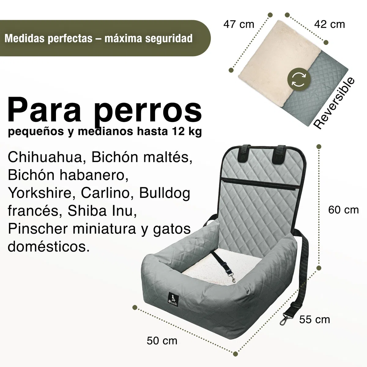 Asiento Coche para Perros, 2-in-1 Cama Perro para Perros Pequeños & Medianos, Funda Lavable e Cojín Extraíble, Tejido Oxford Impermeable Suelo Antideslizante, Silla Mascotas, Color:Gris