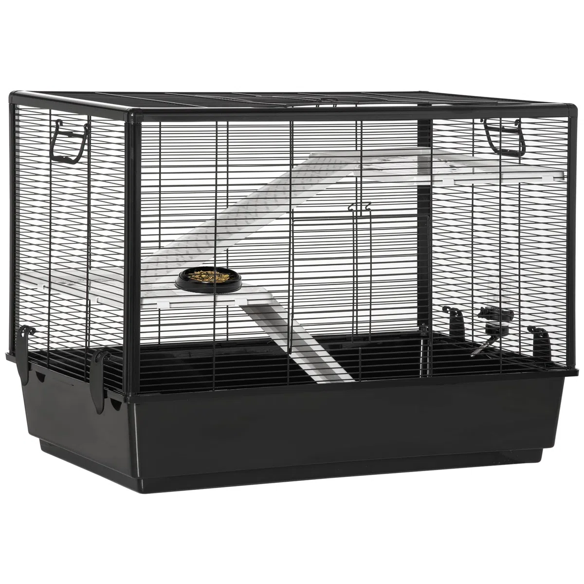 PawHut Jaula Pequeña para Roedores 80x48x58 cm Jaula para Hámster con 2 Puertas 2 Rampas 2 Plataformas Comedero y 2 Asas Portátil para Cobayas Ratoncillos Negro