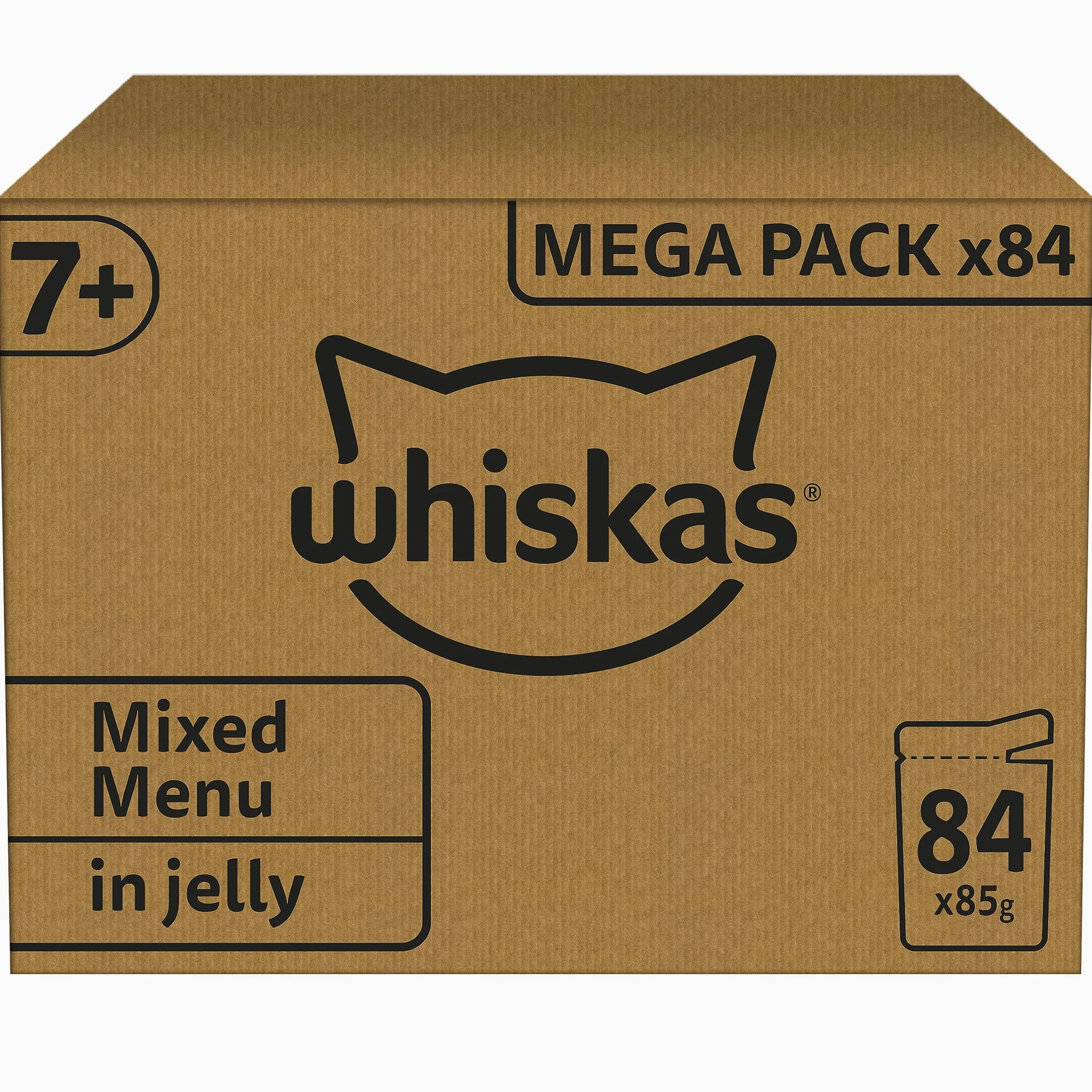 Whiskas Senior 7+ Comida húmeda para Gatos, selección Mixta en gelatina, 84 Bolsas de porciones, 84 x 85 g (1 Paquete Grande), Comida húmeda para Gatos, Gatos a Partir de 7 años y