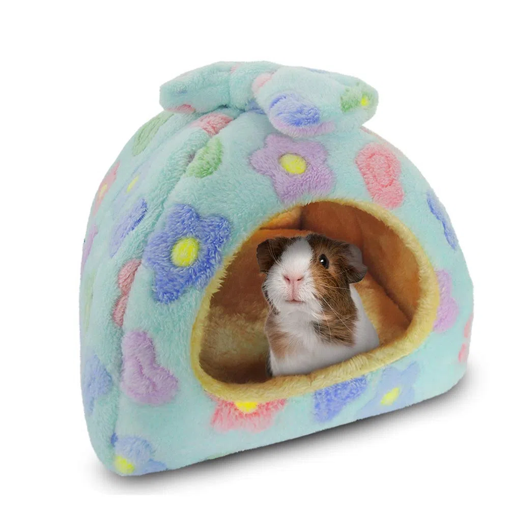 HOMEYA Cama para mascotas pequeñas, nido de hábitat para conejillo de indias, hámster, erizo, rata, chinchilla, escondite, saco de dormir, accesorios de jaula con alfombrilla extraíble lavable (azul)