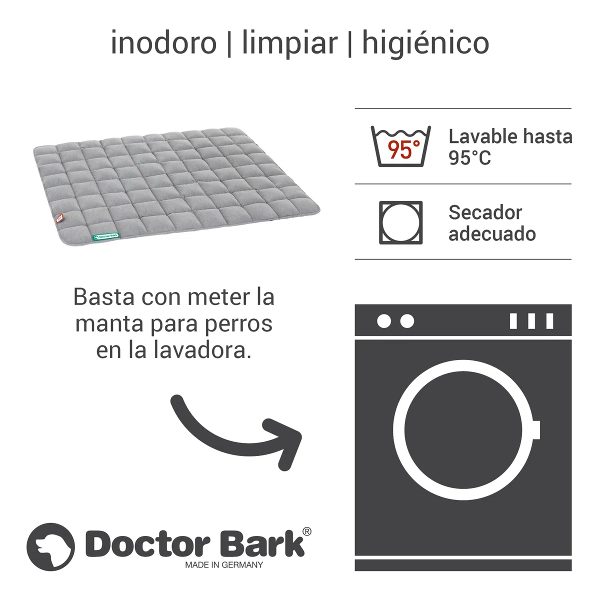 Doctor Bark Manta, Perros Grandes/hundematte, Gris Claro, para alérgicos, antiarañazos, Transpirable, Estable, Resistente, Apto para Lavadora y Secadora. - Lavable a 95 °C - Tamaño a Elegir