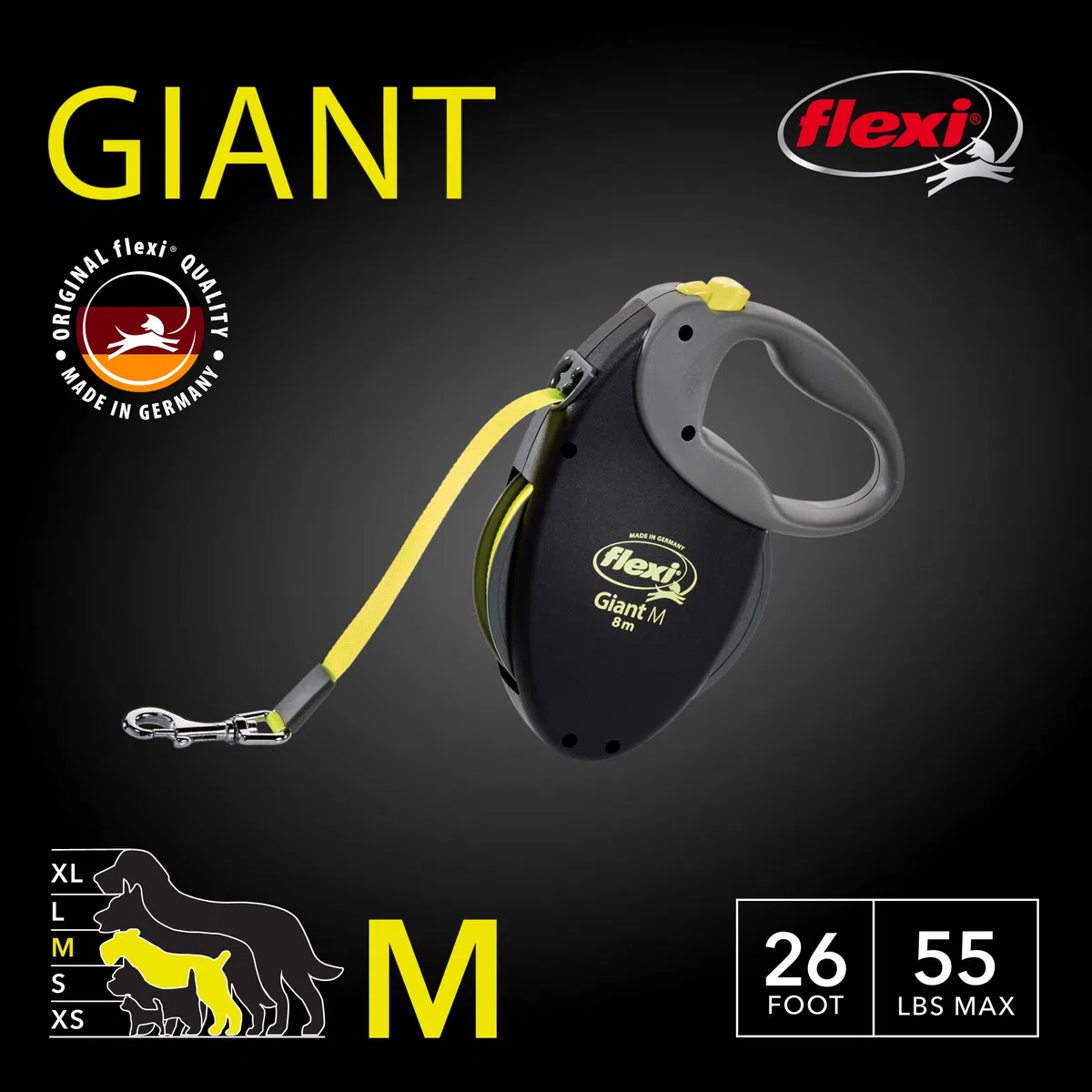 Flexi Correa retráctil Gigante Mediana para Perro (Cinta), 26 pies, Mediano, Negro/neón