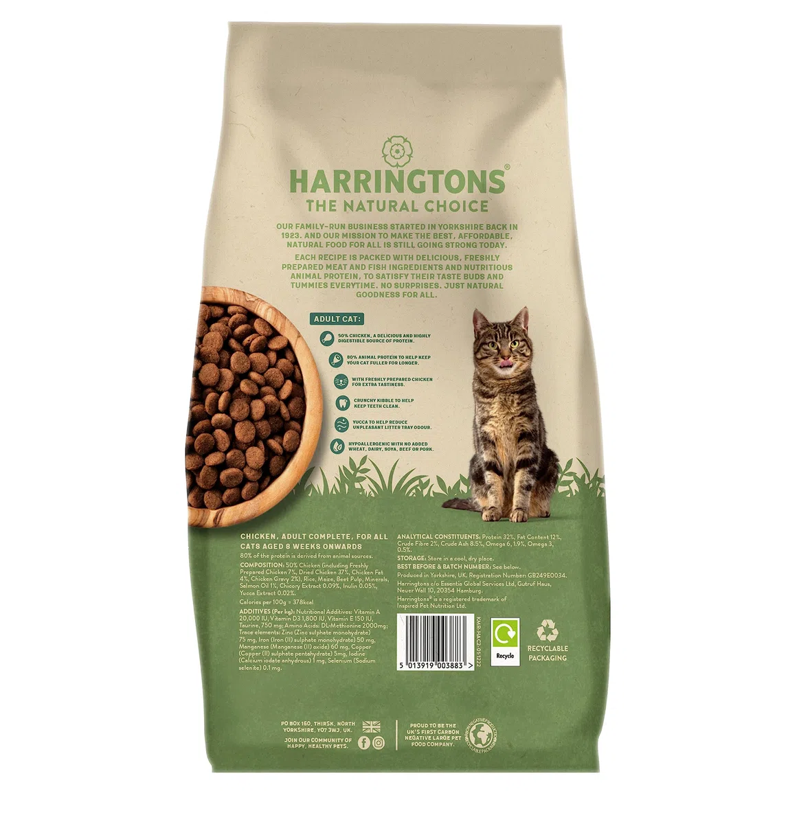Harrington's Complete Comida Seca para Gatos Adultos, Pollo, 2 kg, Paquete de 4, Tasty Natural Goodness