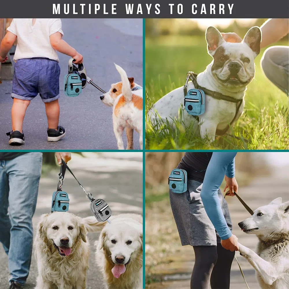 PetAmi Soporte para bolsas de excrementos de perro, dispensador de bolsas de basura para perros con clip para correa y cinturón, soporte portátil de tela para bolsas de basura para perros, para