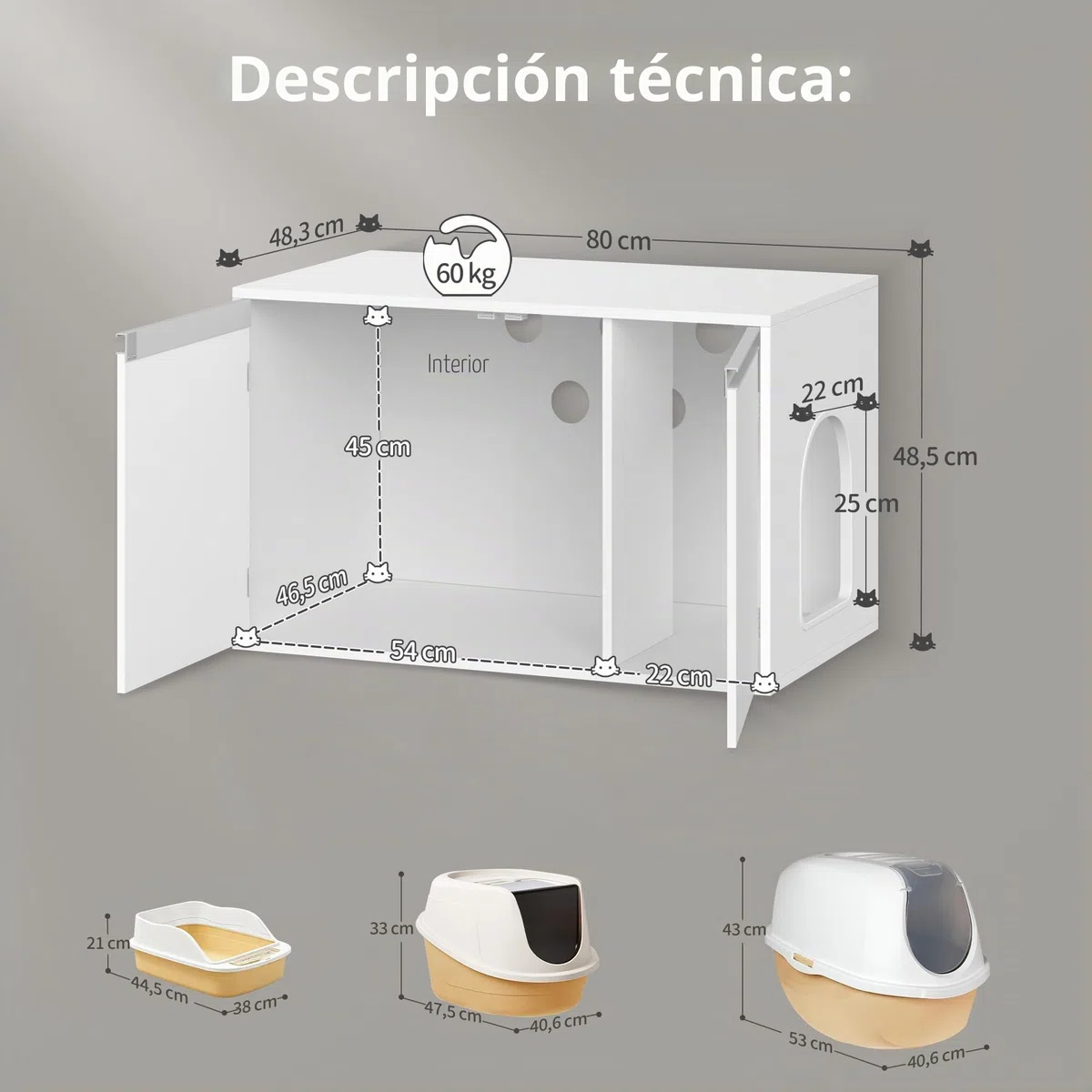 Hzuaneri Mueble Arenero Gatos, Casa para Gatos con Puerta y tabique Separado, 80 x 48,5 x 48,5 cm, Blanco CB01403X