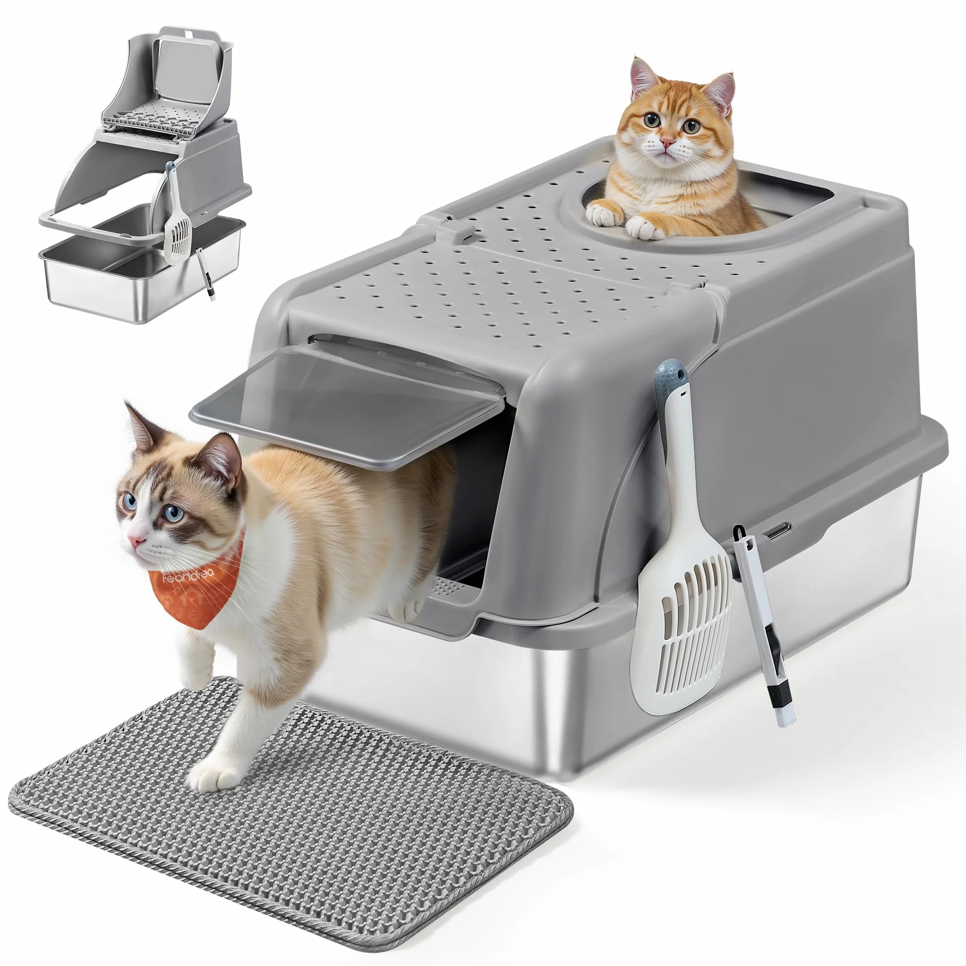 Feandrea Caja de Arena de Acero Inoxidable para Gatos con Tapa Abatible, Arenero XL, a Prueba de Fugas, Cuchara, Cepillo, Doble Entrada, Carga de Encimera de 15 kg, Gris Paloma PPT005G01