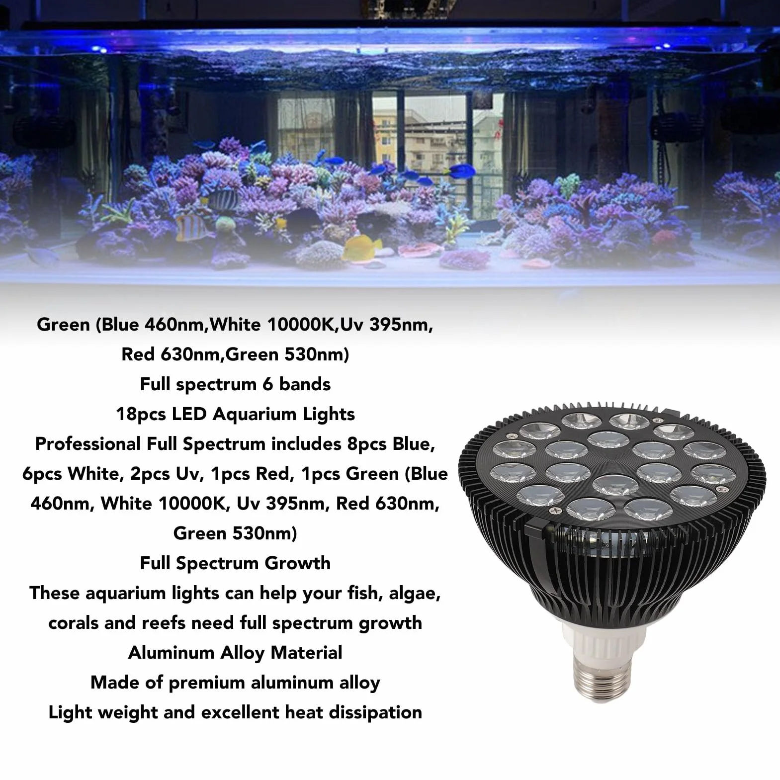 Luz LED para pecera, luces de acuario de espectro completo, lámpara de cultivo de plantas acuáticas, luces LED de arrecife para hábitat de tortugas marinas de coral, 18W