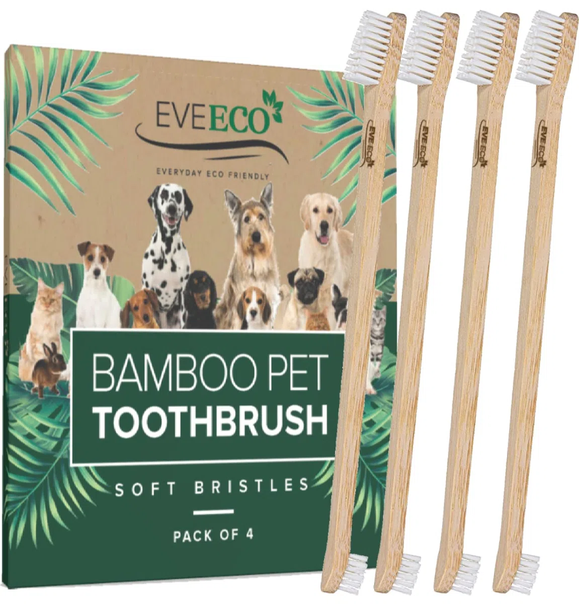 Paquete de 4 cepillos de dientes de bambú para perros y mascotas, 2 cabezales de cepillo grandes y pequeños con extra largo de 8.5 pulgadas, uso con pasta de dientes para eliminar caries, mal