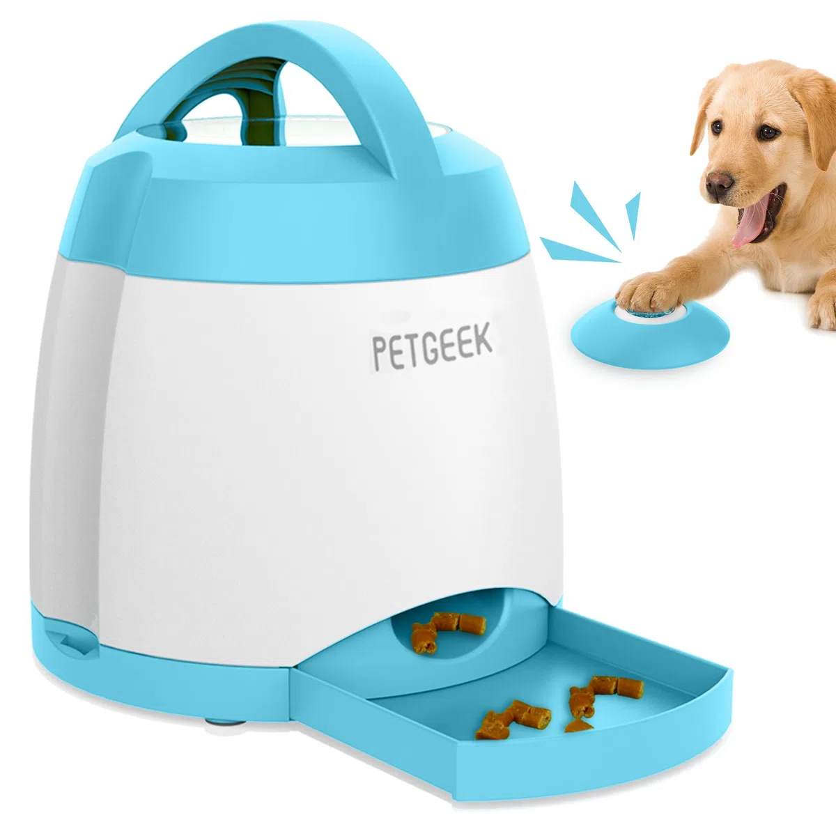 PETGEEK Dispensador automático de golosinas para perros con botón, alimentador de entrenamiento de memoria de rompecabezas, juguetes dispensadores de alimentos interactivos, comedero para perros de