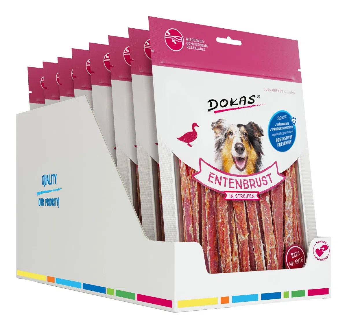 DOKAS Snack Premium sin Cereales en Tiras para Perros – de Filete de Pecho de Pato, 8 unidades