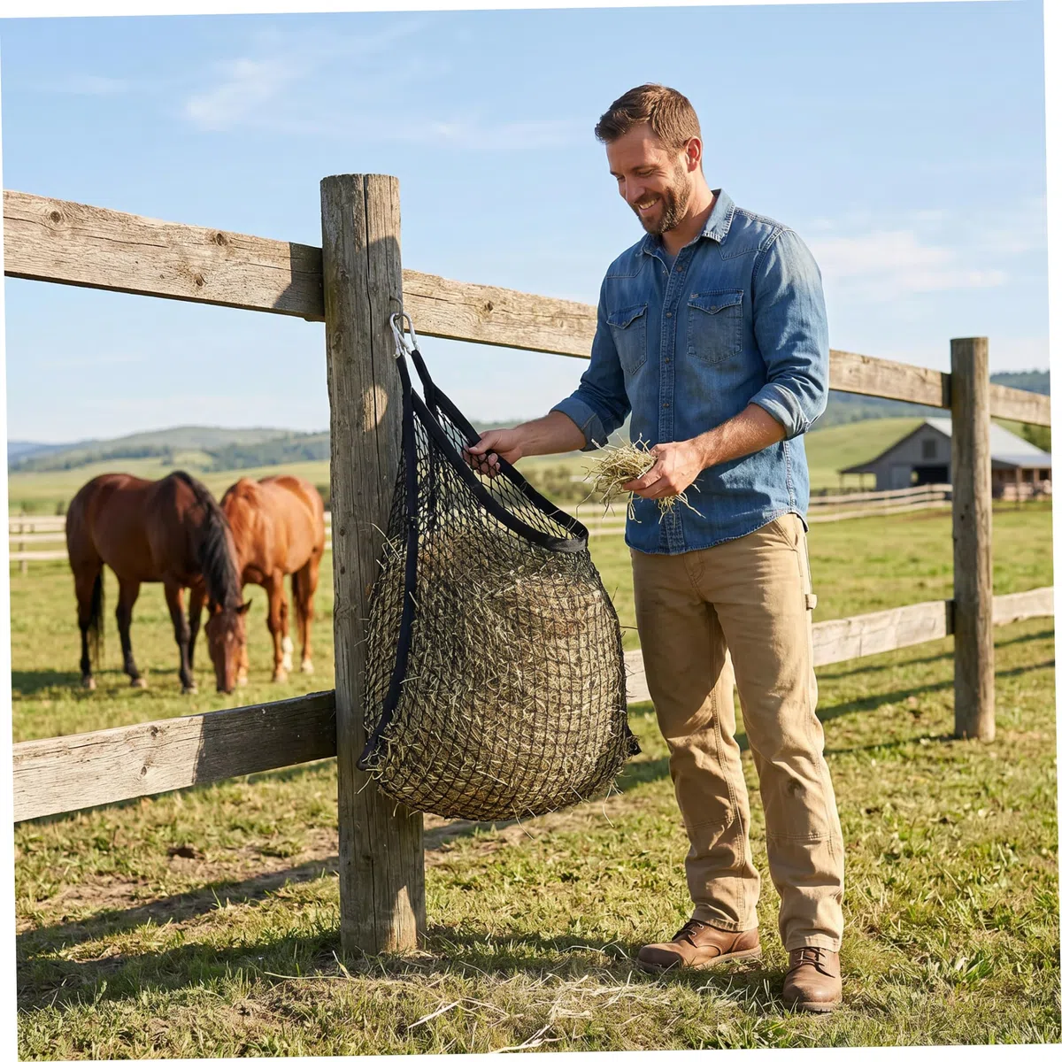 Suministros de riego para alimentación, 4 bolsas de heno para caballos, red de heno de alimentación lenta con 4 mosquetones reforzados, comedero para caballos para cabras, 35, 43 x 31, 50 pulgadas