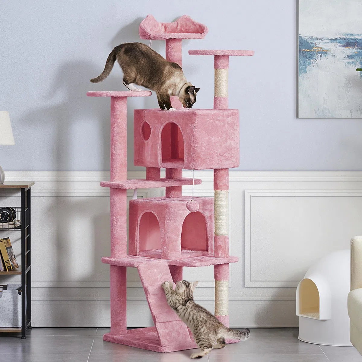 Yaheetech Árbol rascador Grande, 178 cm de Alto, árbol rascador para Gatos, Estable con 3 Plataformas, 3 columnas para rascar, 2 Cuevas, Bolas de Peluche, Muebles para Gatos, Color Rosa