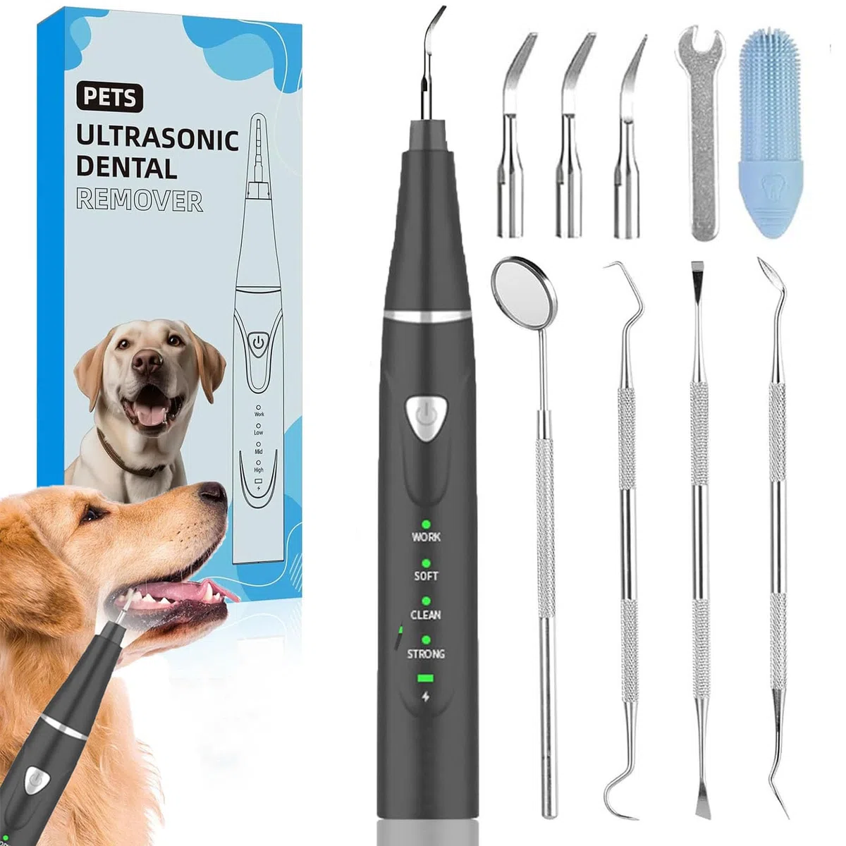 Herramienta de eliminación de placa dental: kit de limpieza de dientes de perro, raspador dental para sarro y placa, 3 modos de limpieza, carga USB, herramientas de limpieza de dientes con