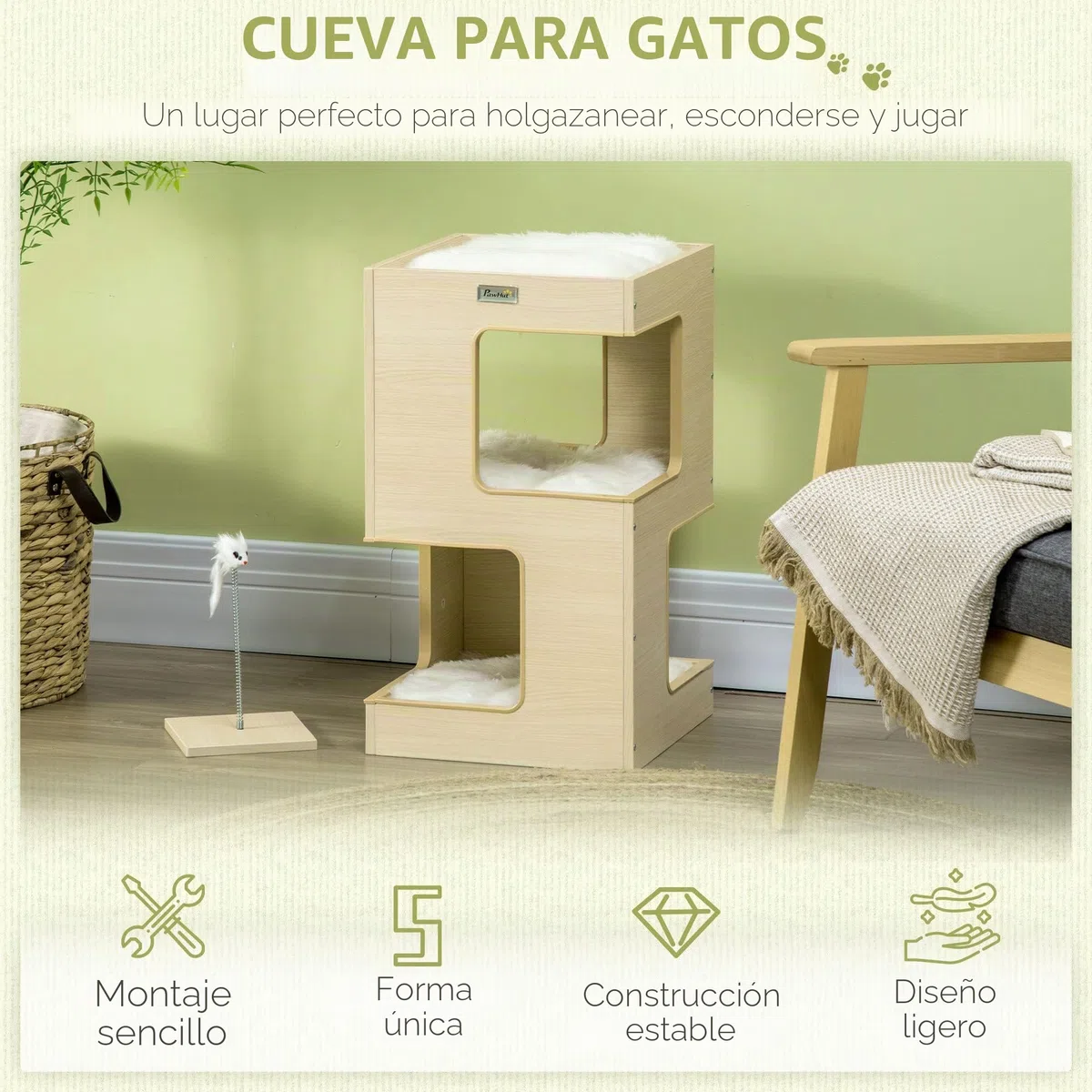 PawHut Cueva para Gatos, Armario para Gatos de 3 Niveles con Cojines, cabaña para Gatos, casa para Gatos con Juguete Falso de ratón, Muebles para Gatos, Interior, Roble, 34 x 34 x 60 cm | Cama para gatos, tienda de campaña, casa para mascotas