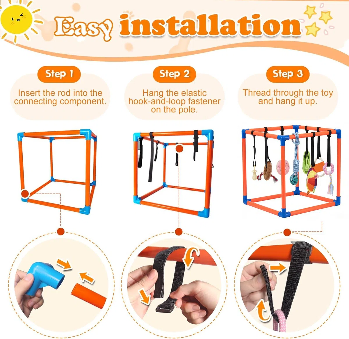 Gimnasio de juego para cachorros para perros pequeños con 8 juguetes colgantes, enriquecimiento interactivo extraíble, parque infantil interior de la selva, marco de PVC ajustable con correas